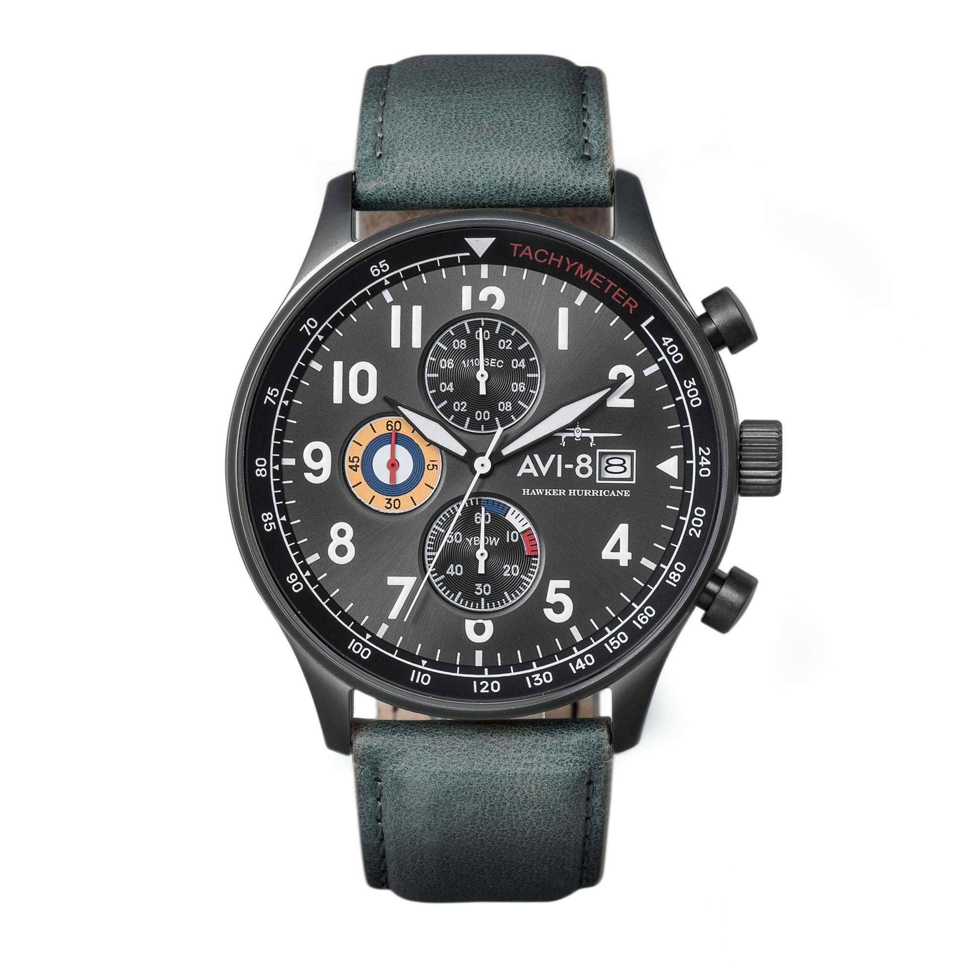 The AVI-8 Hawker Hurricane Classic Chronograph Black Dial Green Leather Strap Mens Watch AV-4011-0D