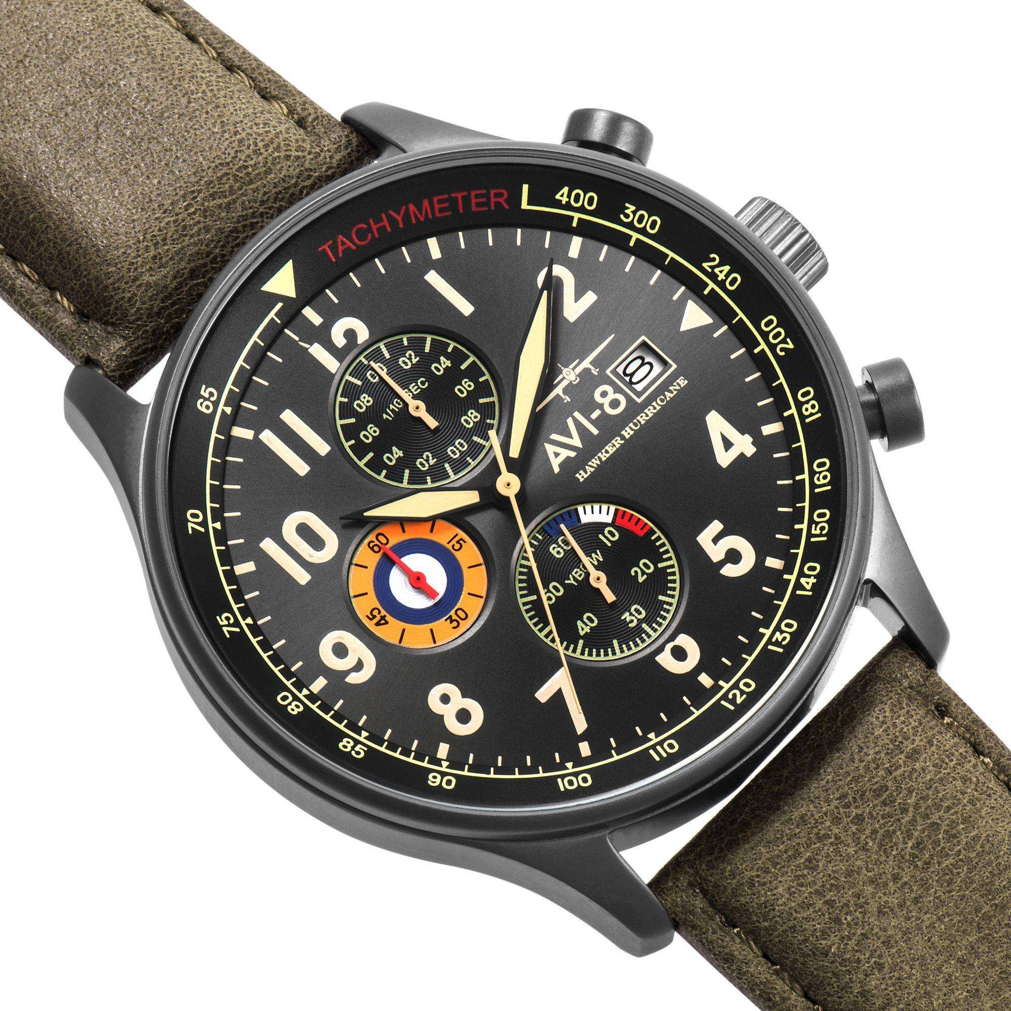 The AVI-8 Hawker Hurricane Classic Chronograph Black Dial Green Leather Strap Mens Watch AV-4011-0E