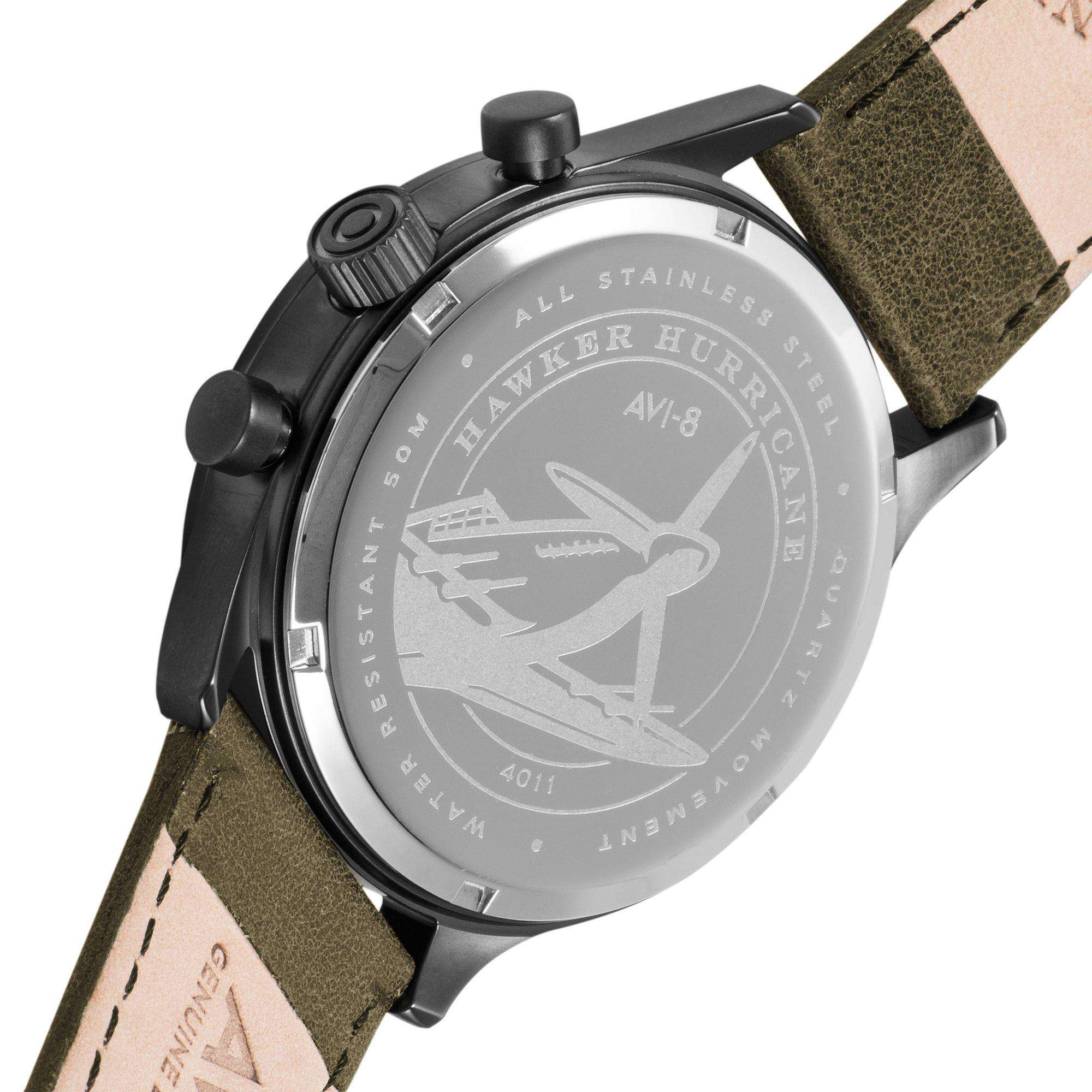 The AVI-8 Hawker Hurricane Classic Chronograph Black Dial Green Leather Strap Mens Watch AV-4011-0E