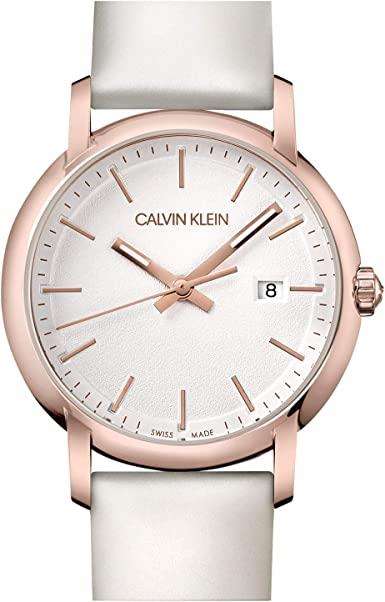 Calvin Klein Established Silver Dial White Leather Strap Ladies Watch K9H236L6 32mm