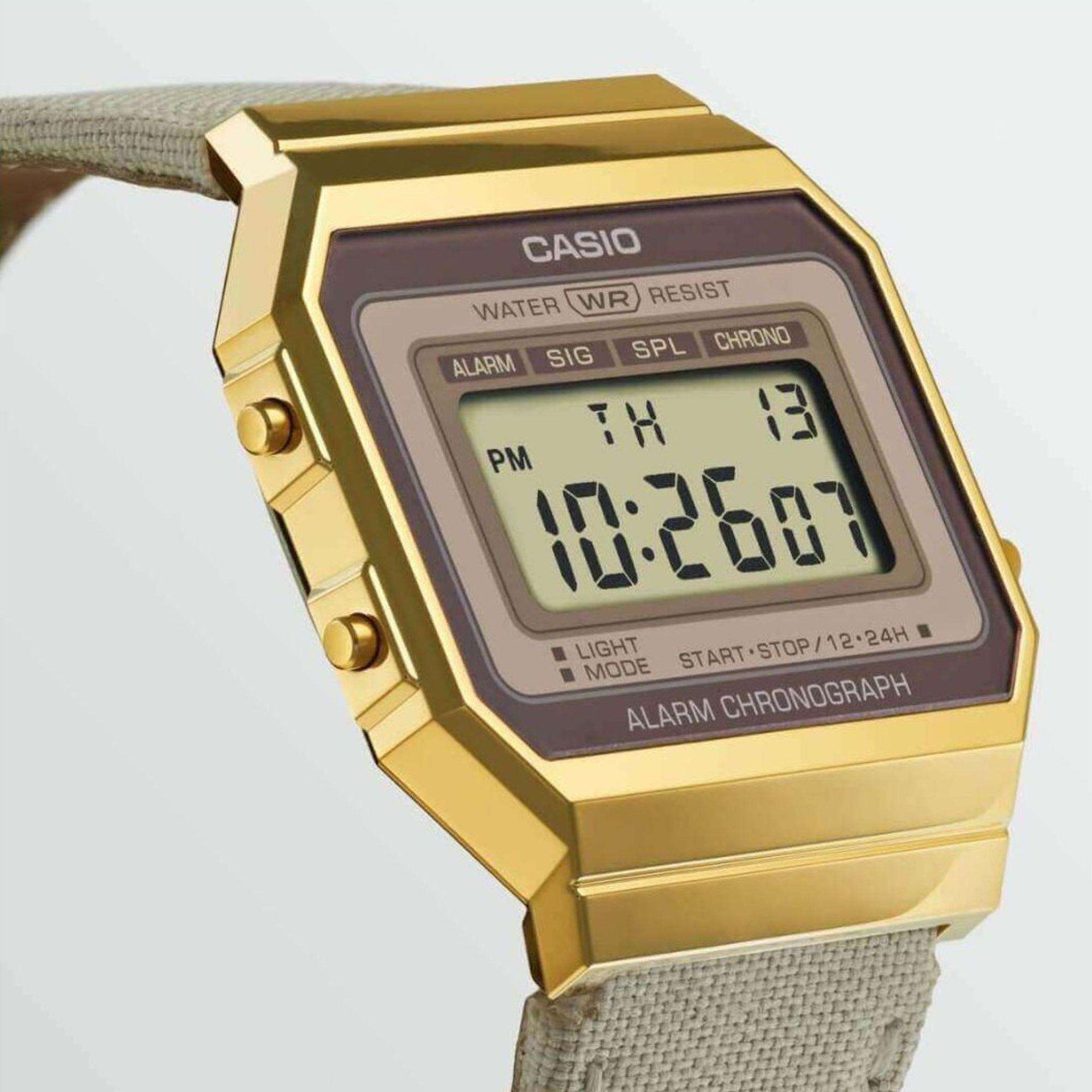 Casio Collection Vintage Digital Gold IP Case Cream Fabric Strap Ladies Watch A700WEGL-7AEF