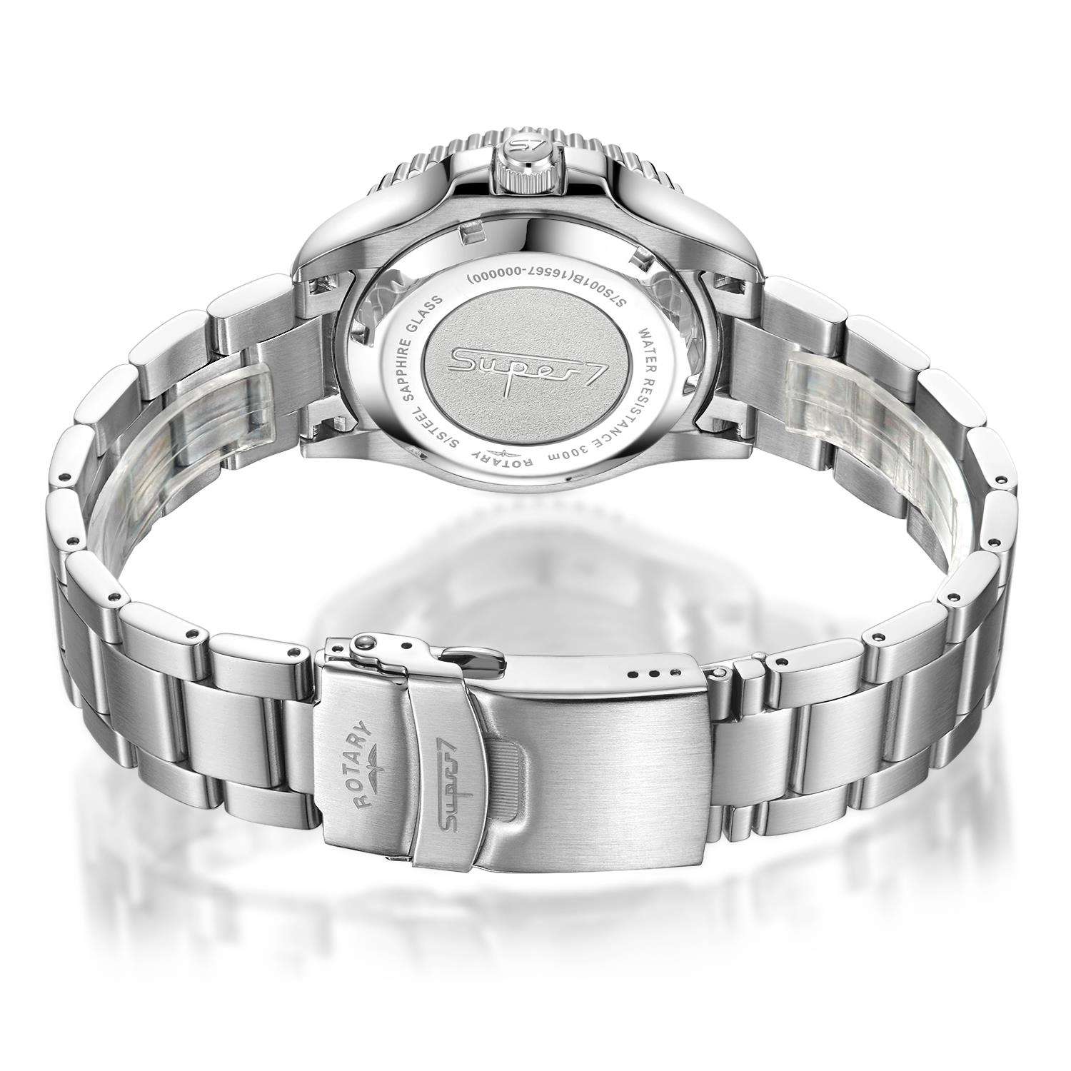 Rotary Super 7 SCUBA Automatic Orange Dial Ceramic Bezel Silver Stainless Steel Bracelet Men's Dive Watch S7S002B