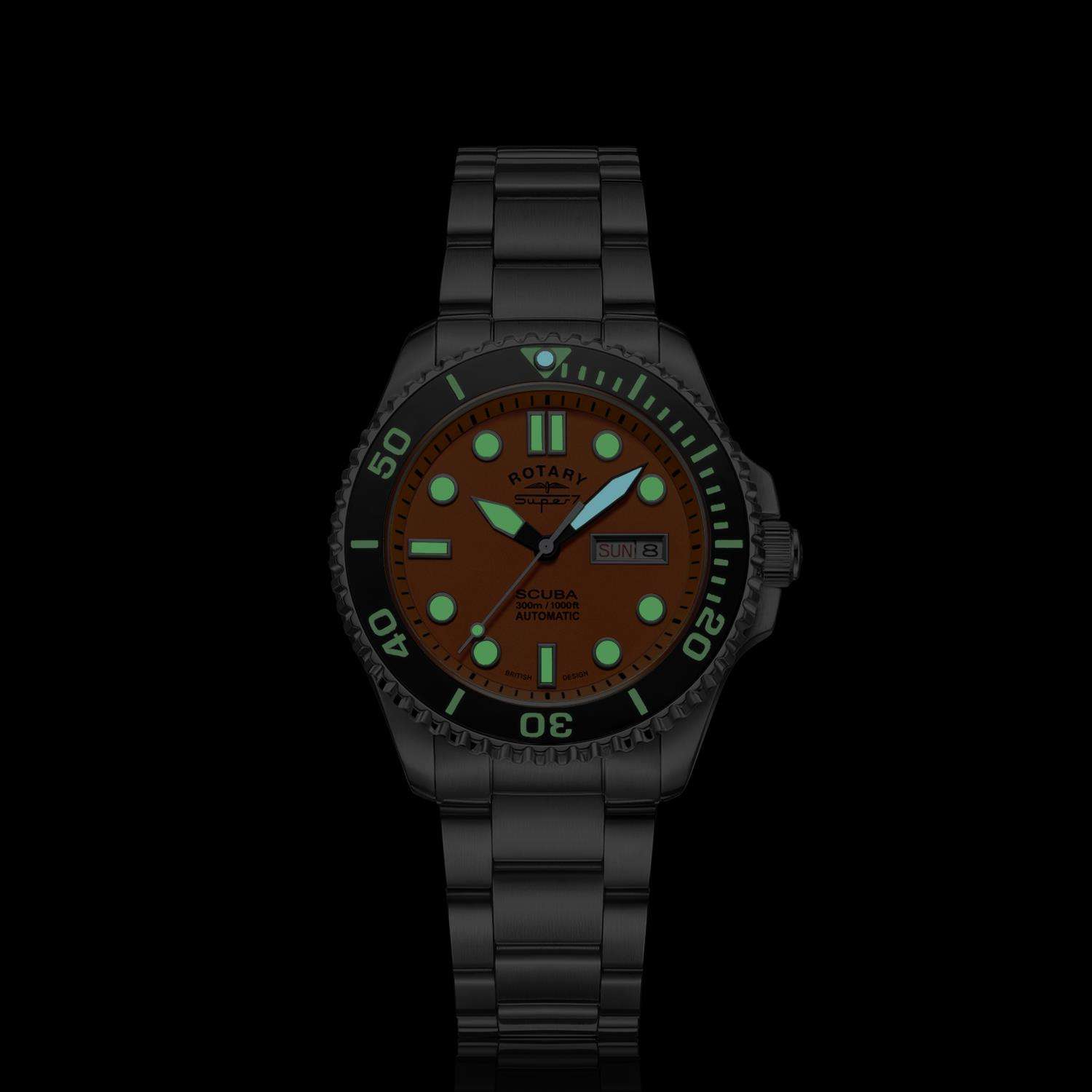 Rotary Super 7 SCUBA Automatic Orange Dial Ceramic Bezel Silver Stainless Steel Bracelet Men's Dive Watch S7S002B