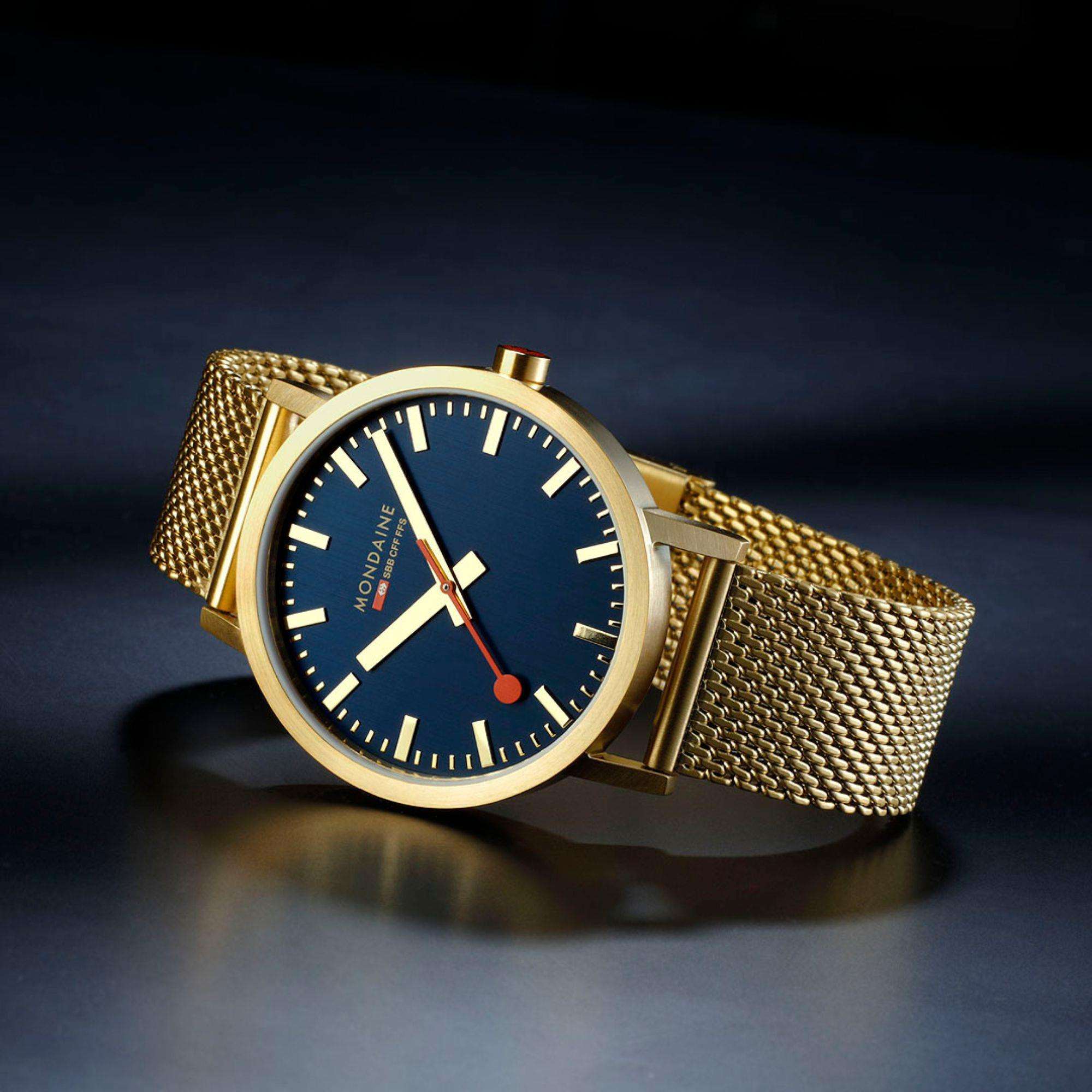 Mondaine Classic Deep Ocean Blue IP Gold Mesh Strap Blue Dial Unisex Watch A660.30360.40SBM