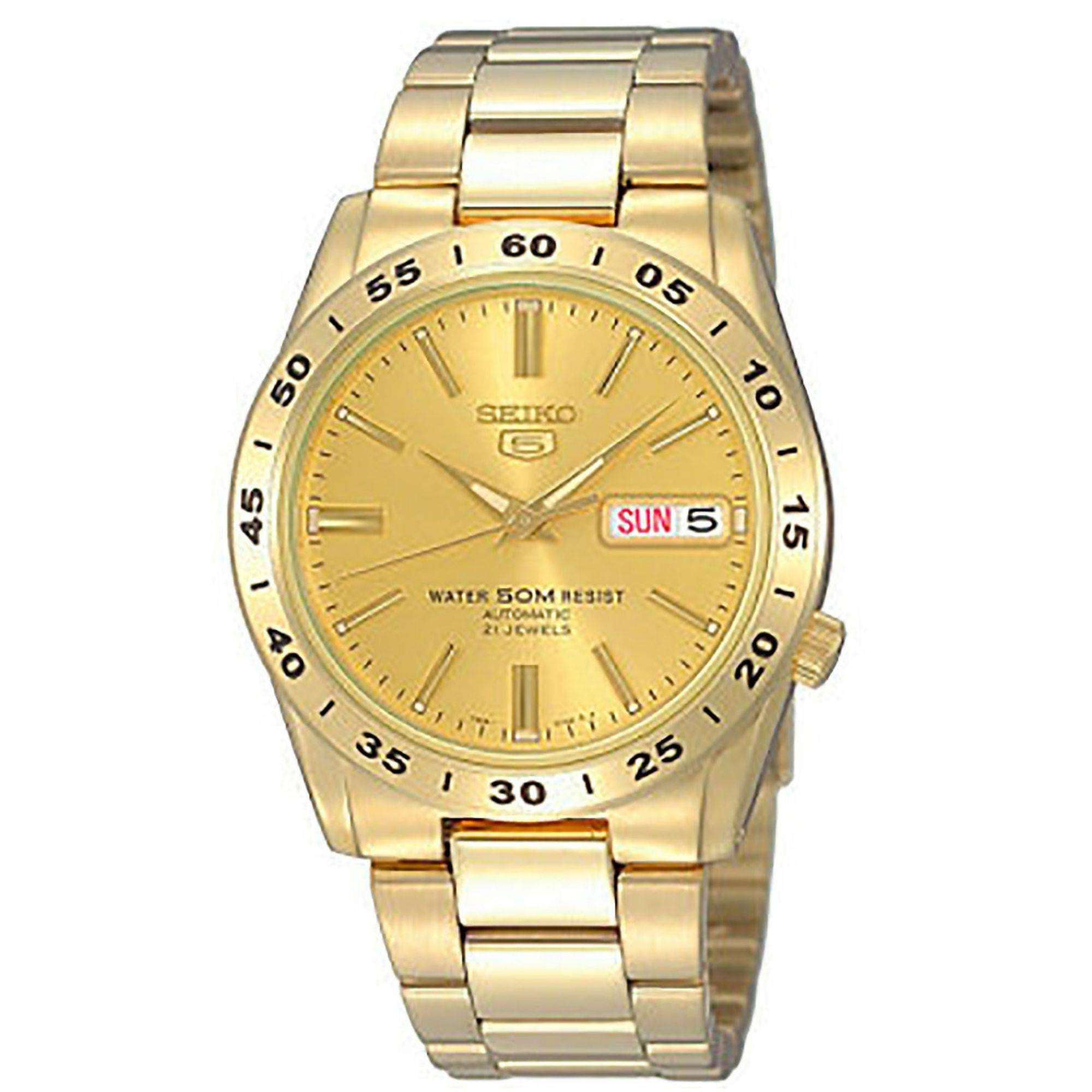 Seiko 5 Automatic Gold Dial Gold PVD Stainless Steel Bracelet Men's Watch SNKE06K1