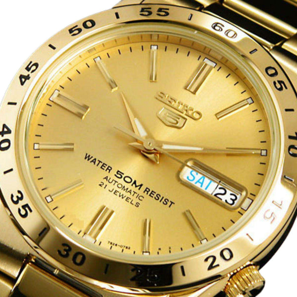 Seiko 5 automatic gold sunburst dial gold PVD watch SNKE06K1 close-up