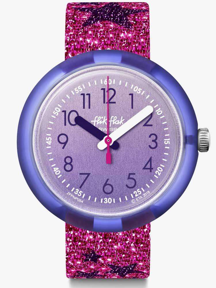 Flik Flak Futuristic Glitter Stars Quartz Movement Purple Dial Textile Bracelet Girls Watch FPNP054