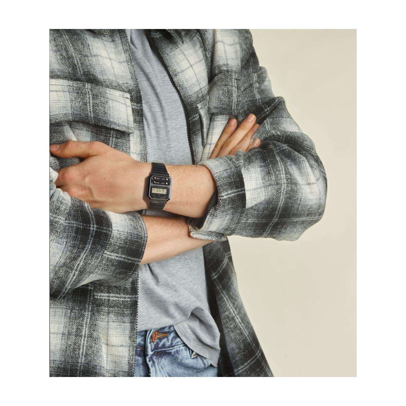 Casio Collection Vintage Edgy Quartz Digital Black/Gunmetal Grey IP Plated Steel Watch A100WEGG-1A2EF