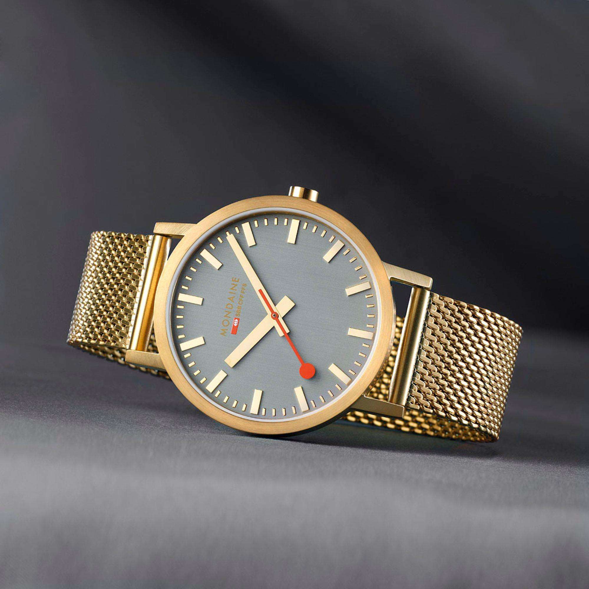 Mondaine Classic Grey Dial IP Gold Mesh Bracelet Unisex Watch A660.30360.80SBM