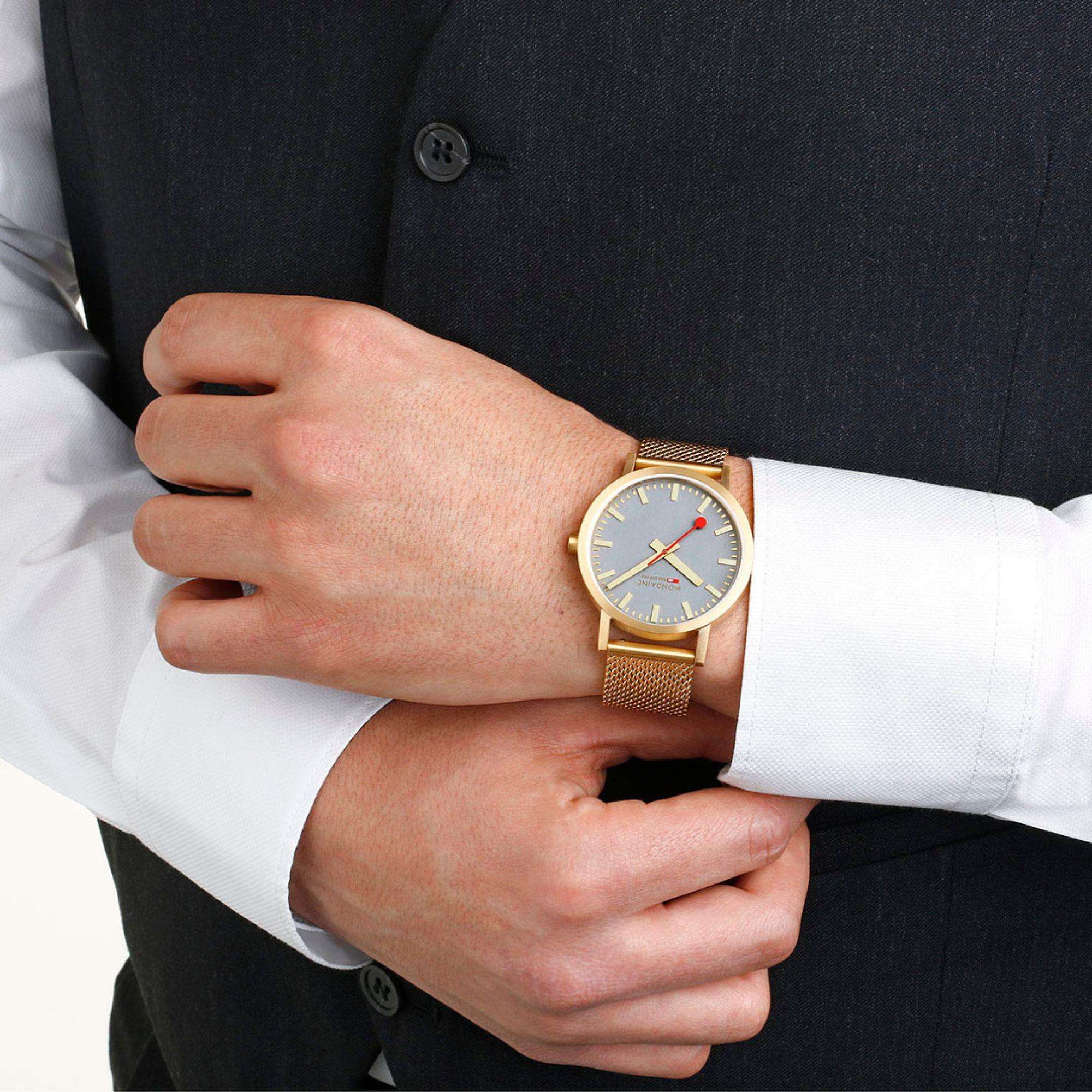 Mondaine Classic Grey Dial IP Gold Mesh Bracelet Unisex Watch A660.30360.80SBM