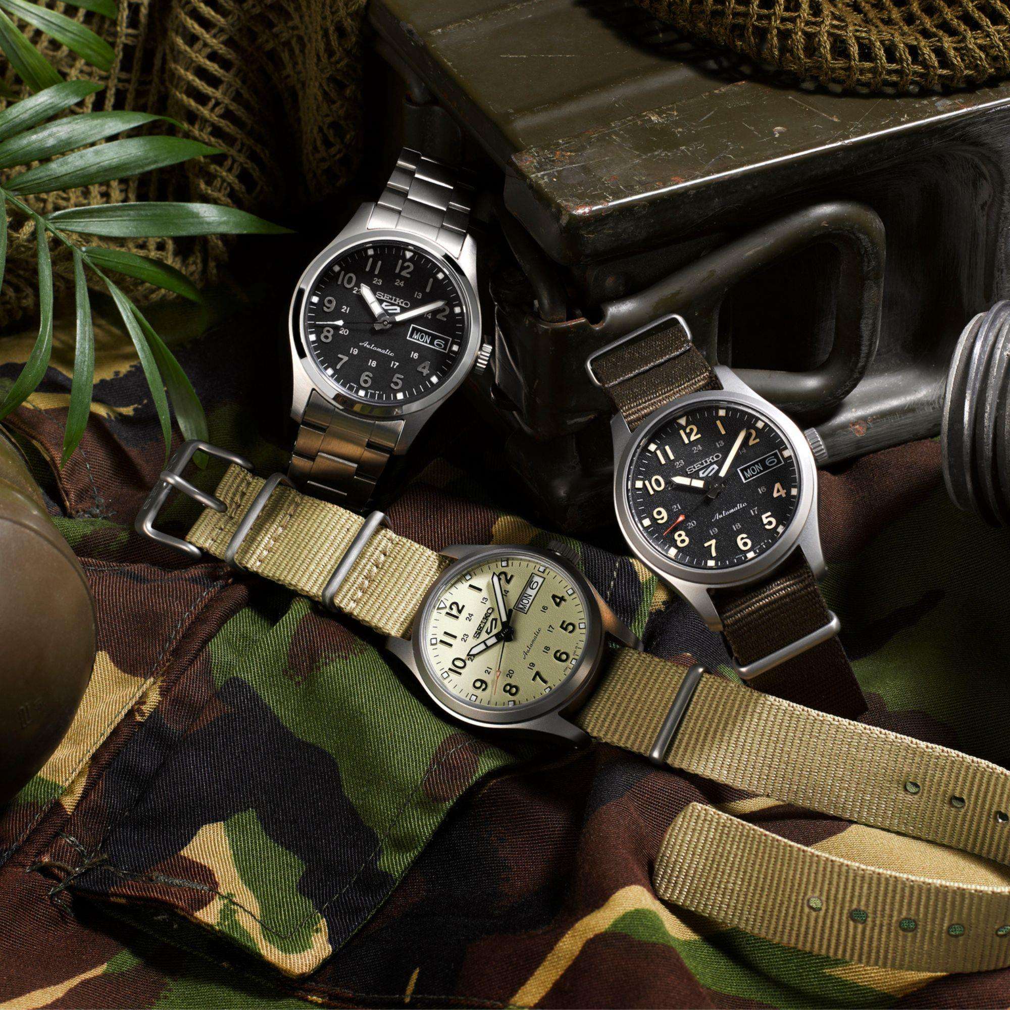 Seiko 5 Sports 'Green Zone' Midfield Automatic Black Dial Green NATO Strap Watch SRPJ85K1