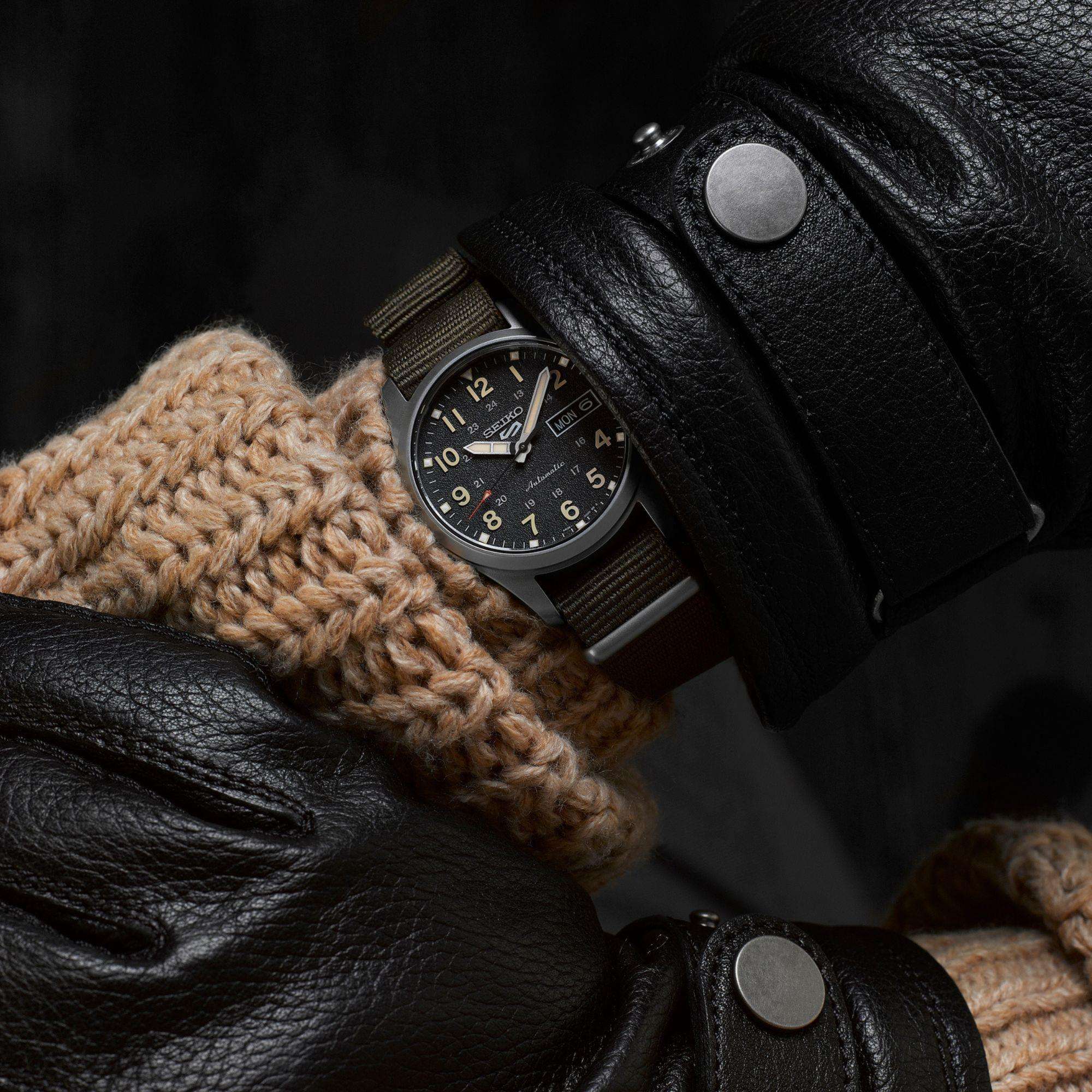 Seiko 5 Sports 'Green Zone' Midfield Automatic Black Dial Green NATO Strap Watch SRPJ85K1