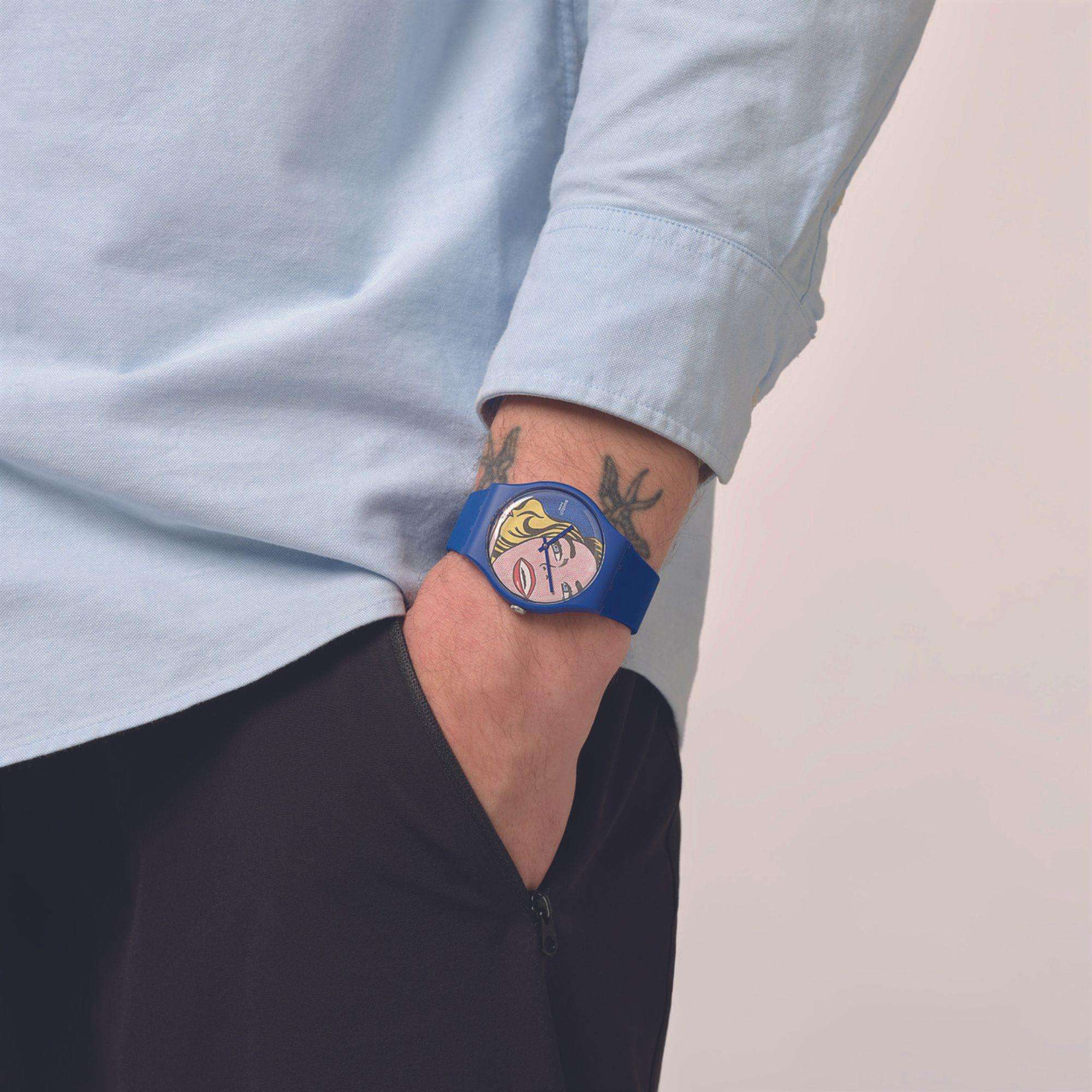 Swatch Art Journey Girl By Roy Lichtenstein Blue Silicone Strap Watch SUOZ352