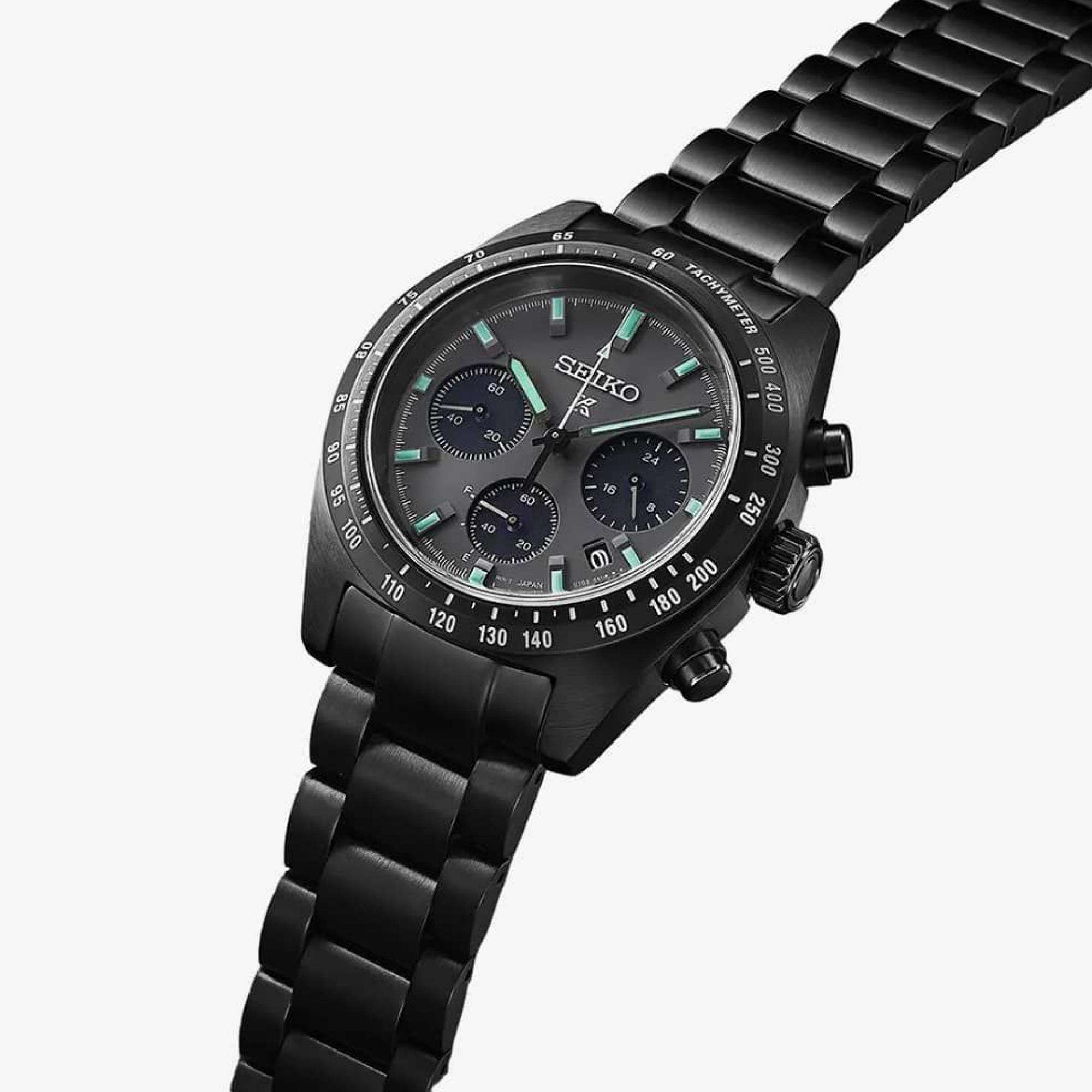 Seiko Prospex 'Black Series' Speedtimer Solar Chronograph Black Dial Steel Bracelet Men's Watch SSC917P1