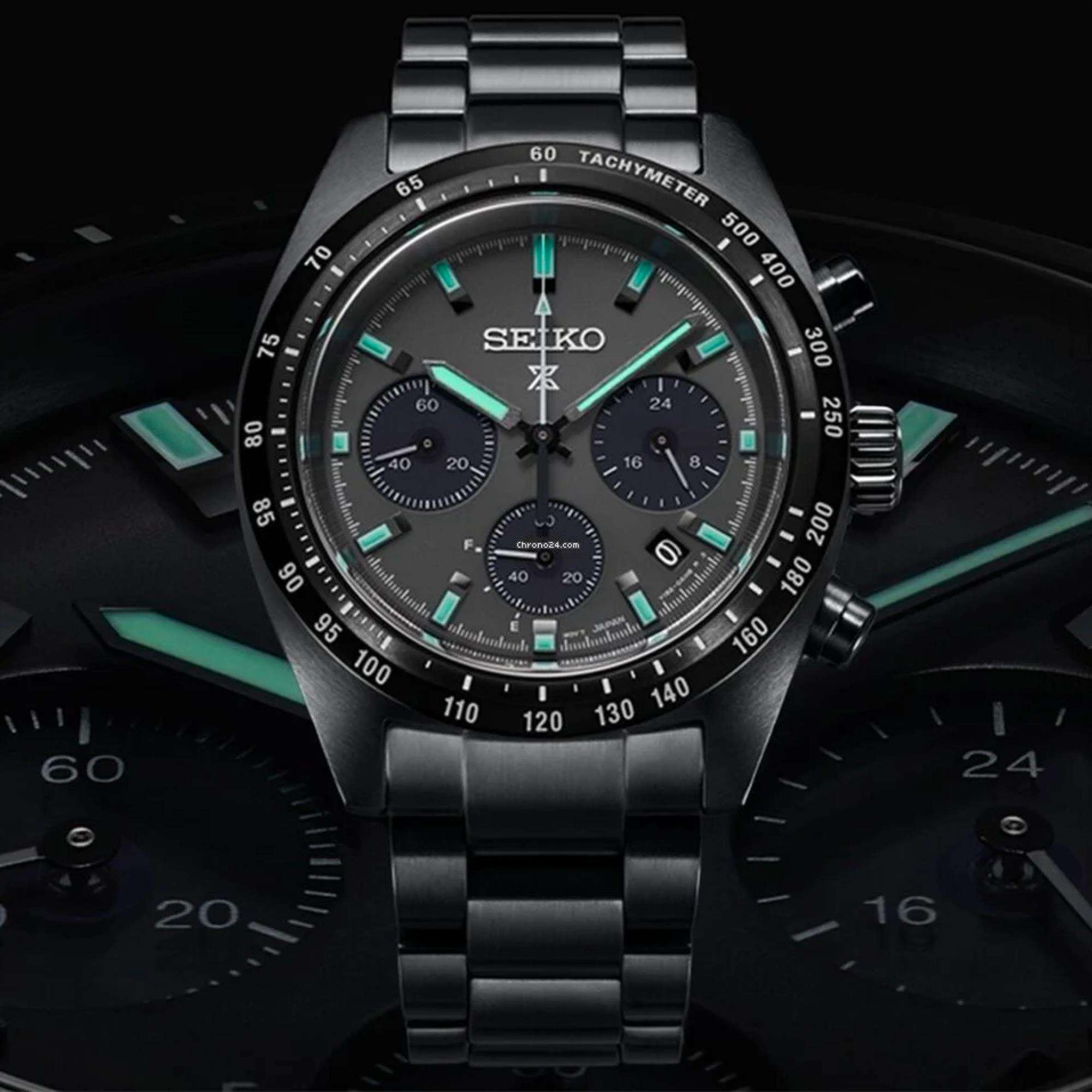 Seiko Prospex 'Black Series' Speedtimer Solar Chronograph Black Dial Steel Bracelet Men's Watch SSC917P1