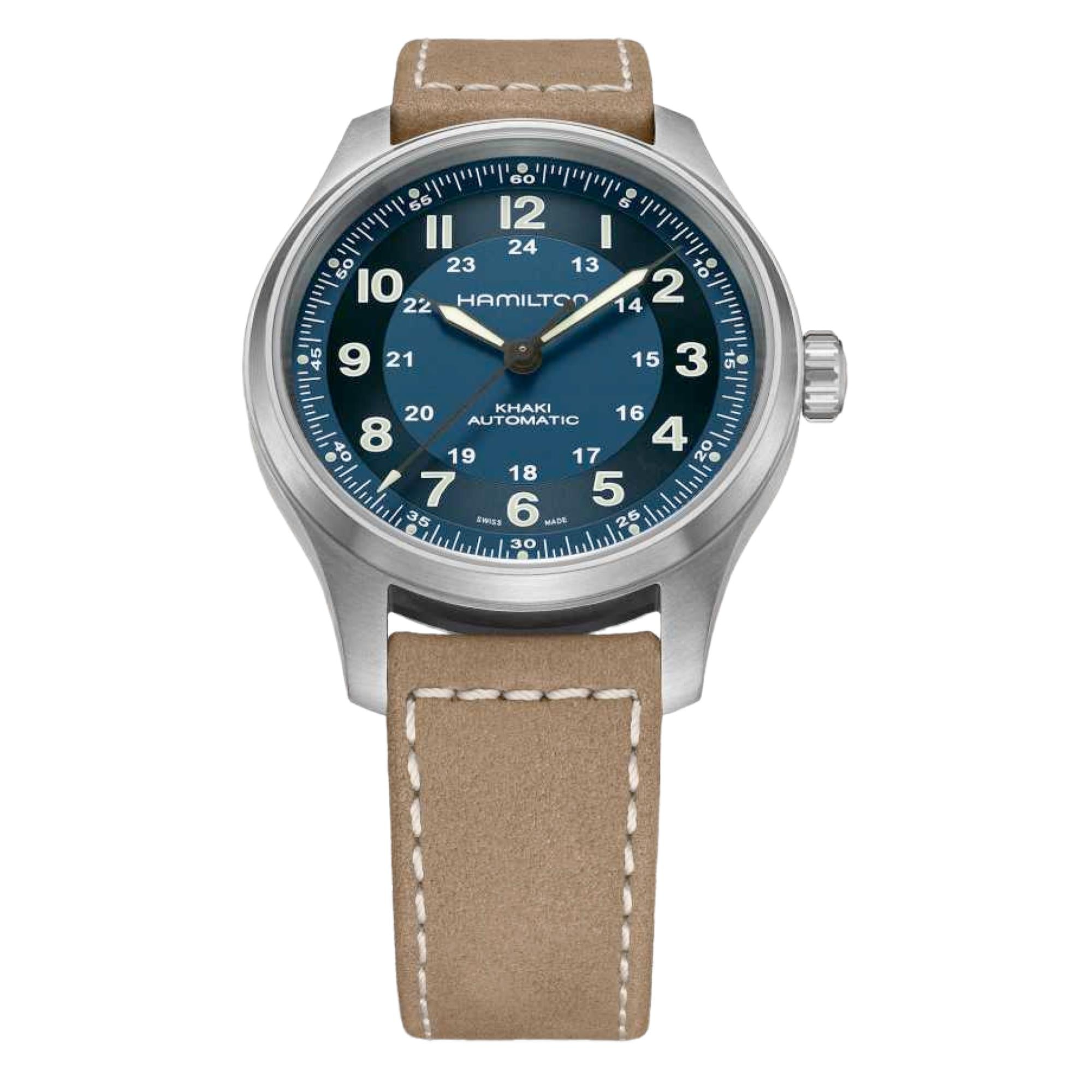 Hamilton Khaki Field Titanium Automatic Blue Dial Beige Leather Strap Men's Watch H70545540