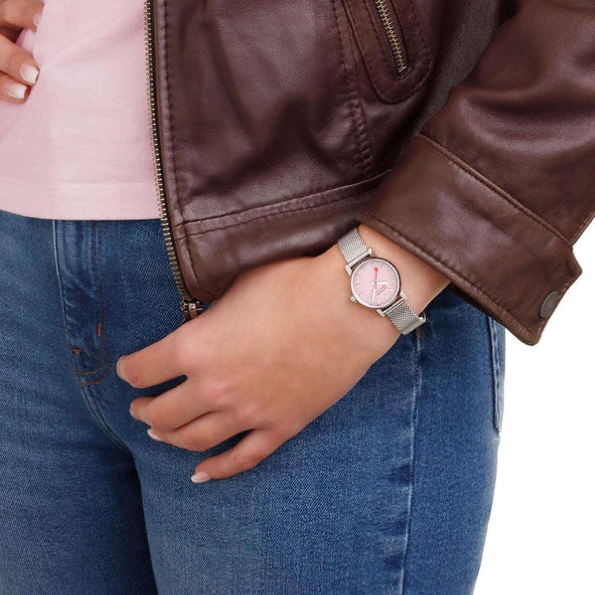 Mondaine evo2 316L Pink Dial Steel Strap Women's Watch MSE.26130.SM