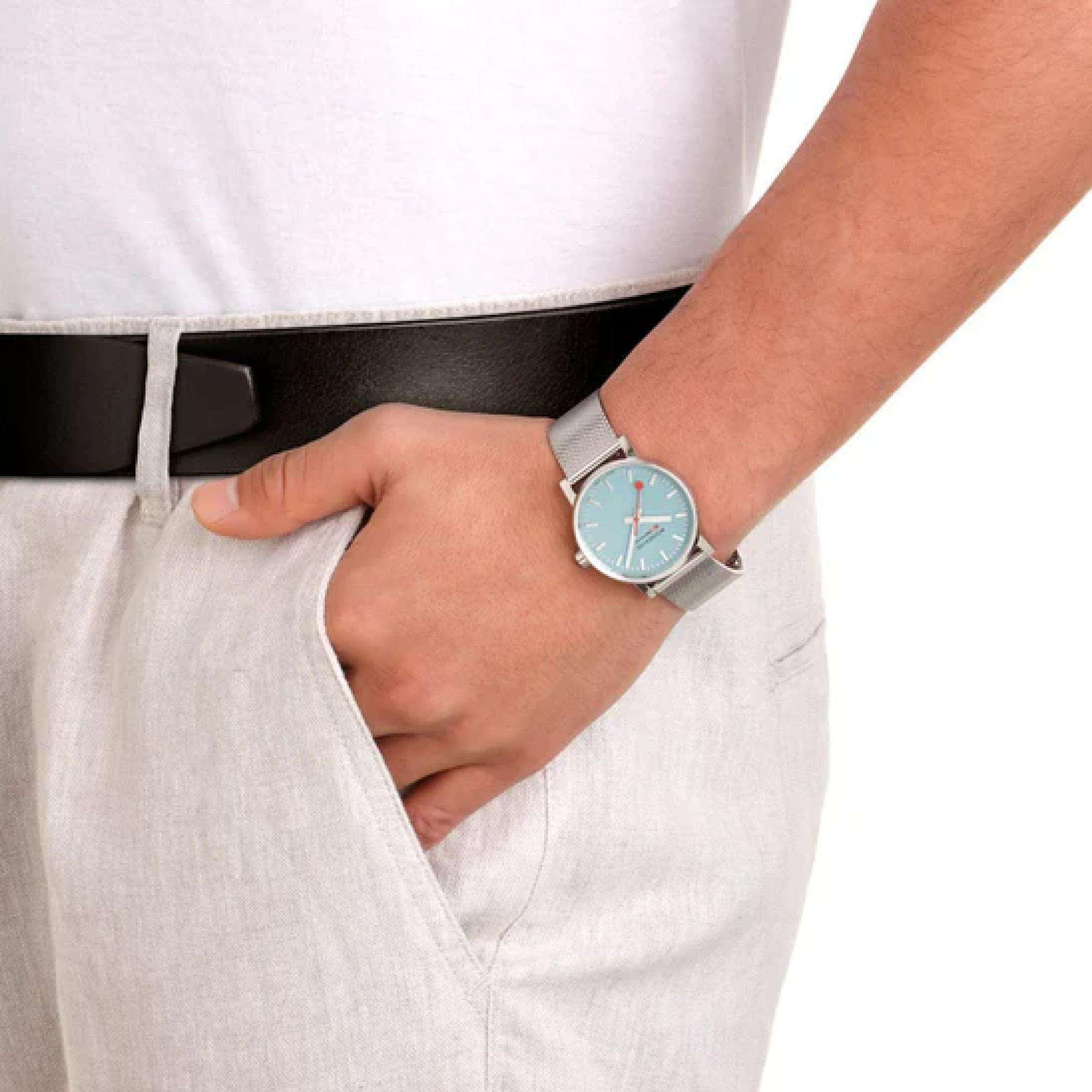 Mondaine Evo2 Quartz Turquoise Dial Stainless Steel Bracelet Unisex Watch MSE.35140.SM
