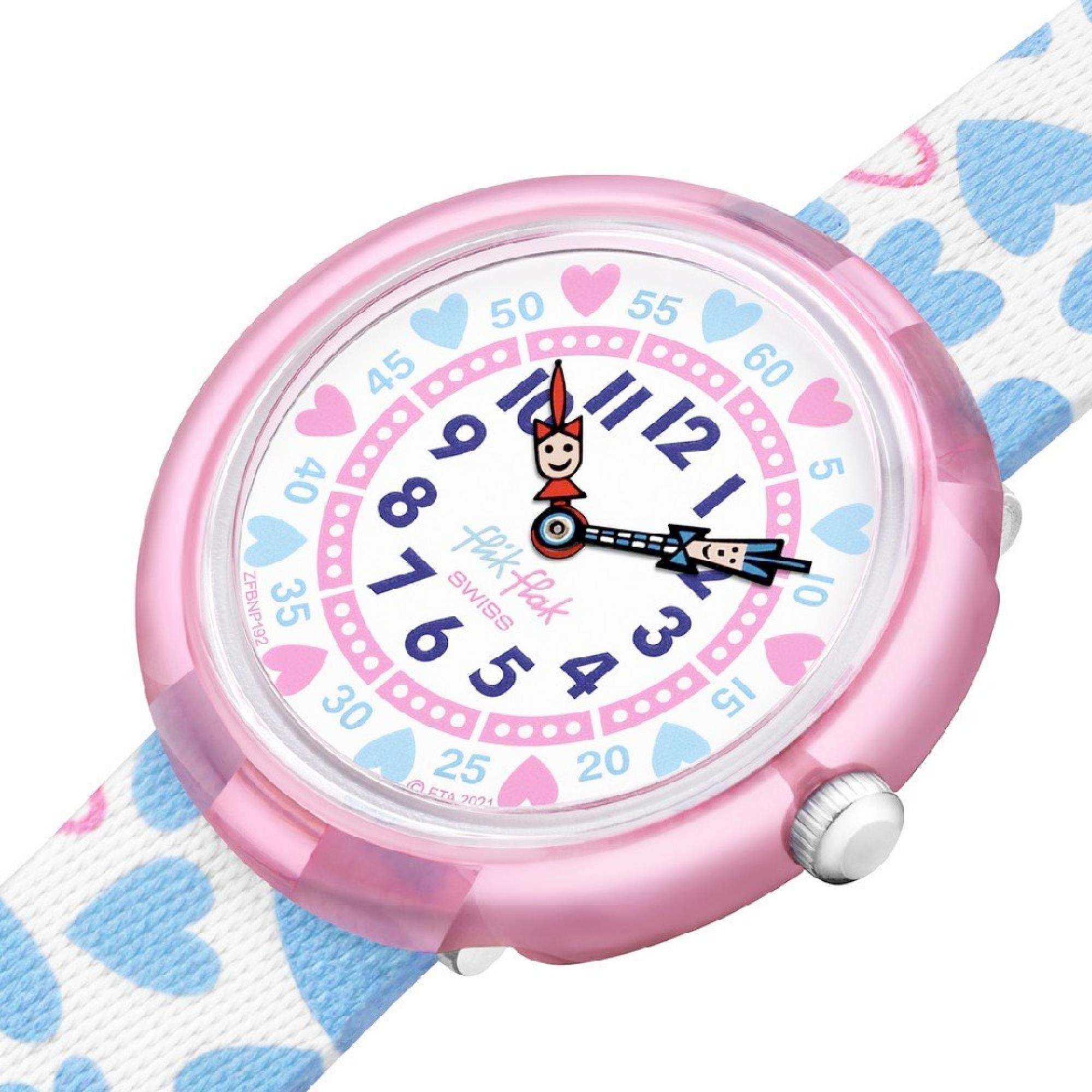 Flik Flak Colour Crush White Blue Fabric Heart Strap Kids Watch FBNP192