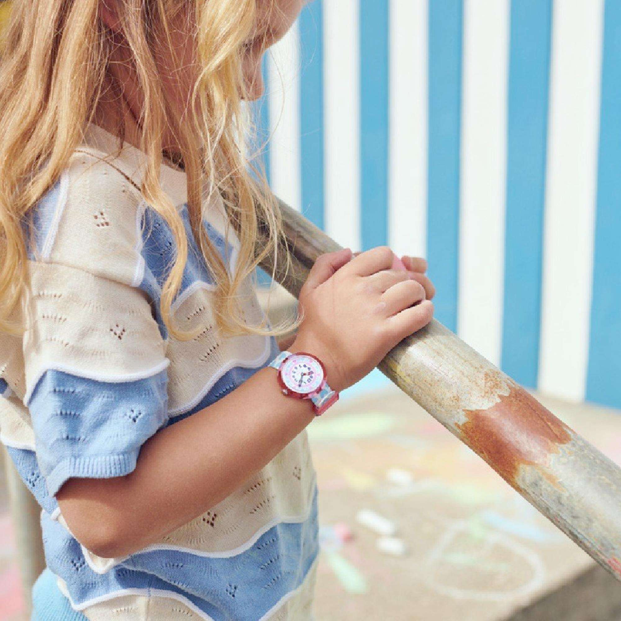 Flik Flak Colour Crush White Blue Fabric Heart Strap Kids Watch FBNP192