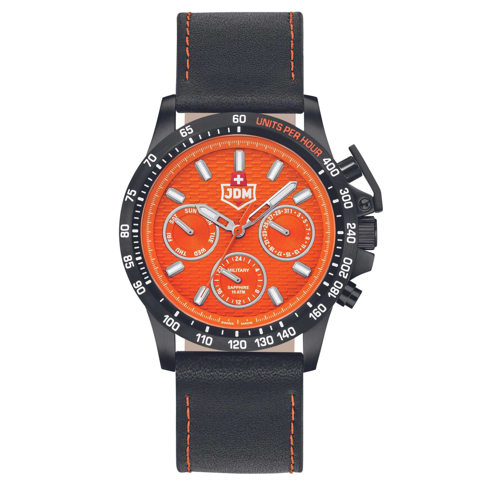 JDM Military Charlie Orange Dial Black Stitched Leather Strap Men's Watch JDM-WG016-06