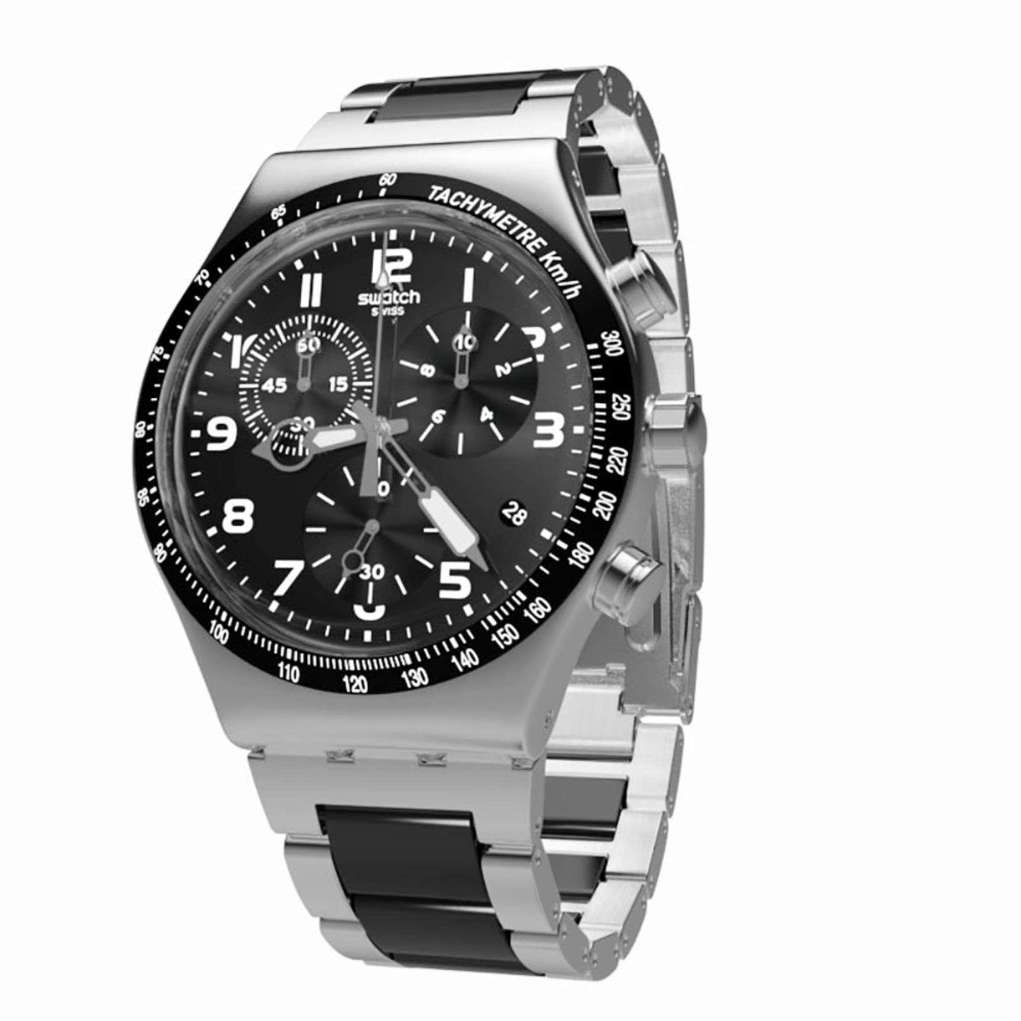 Silver watch with black face on a white background