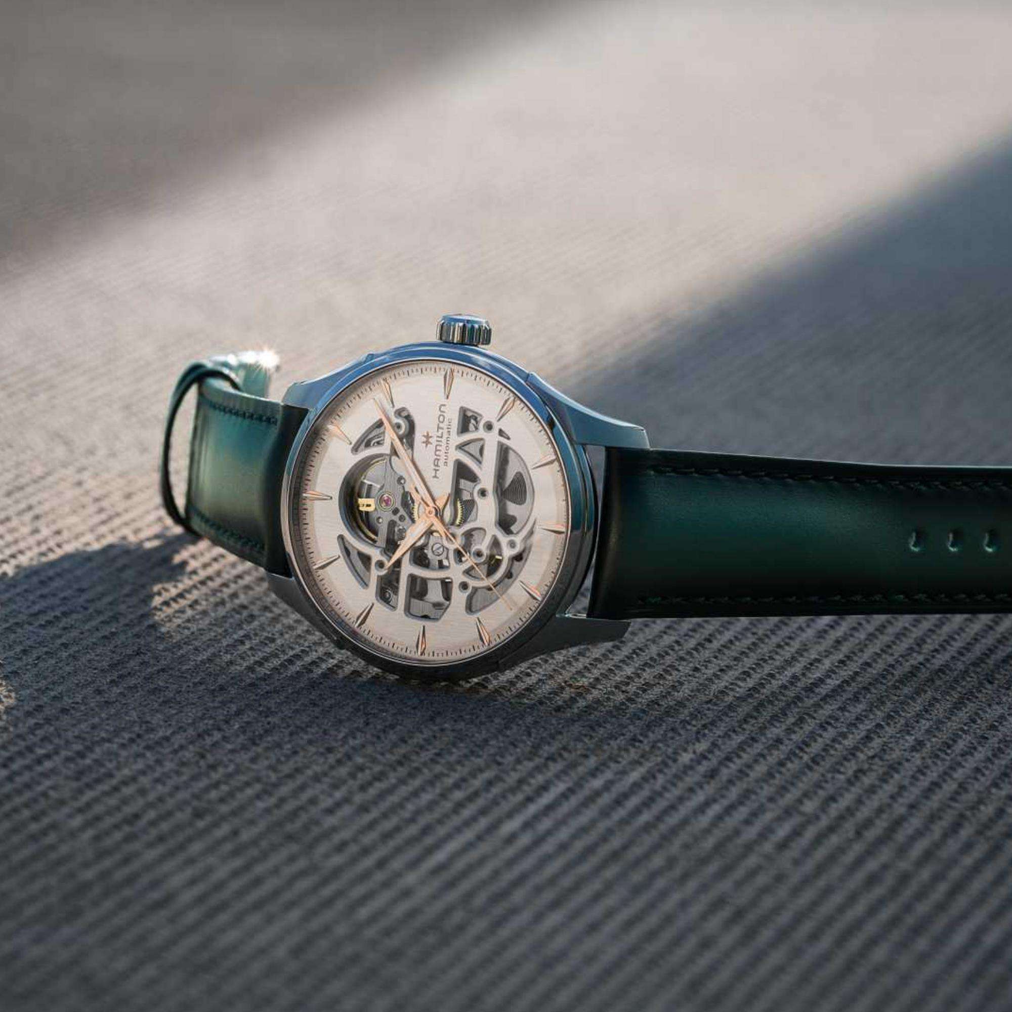 Hamilton Jazzmaster Skeleton Automatic White Dial Green Leather Strap Men's Watch H42535810