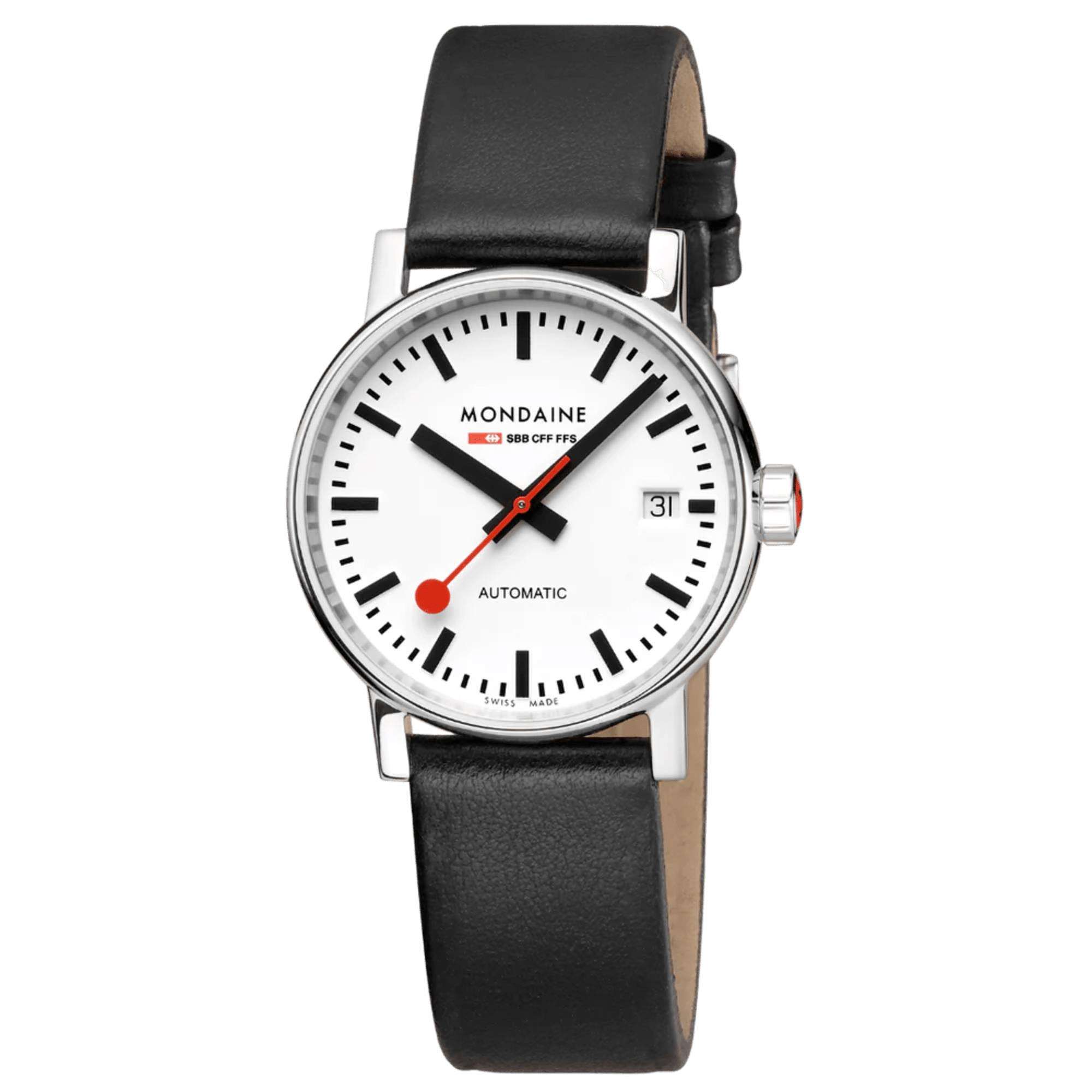 Mondaine Evo2 Automatic White Dial Black Leather Strap Unisex Watch MSE.35610.LBV