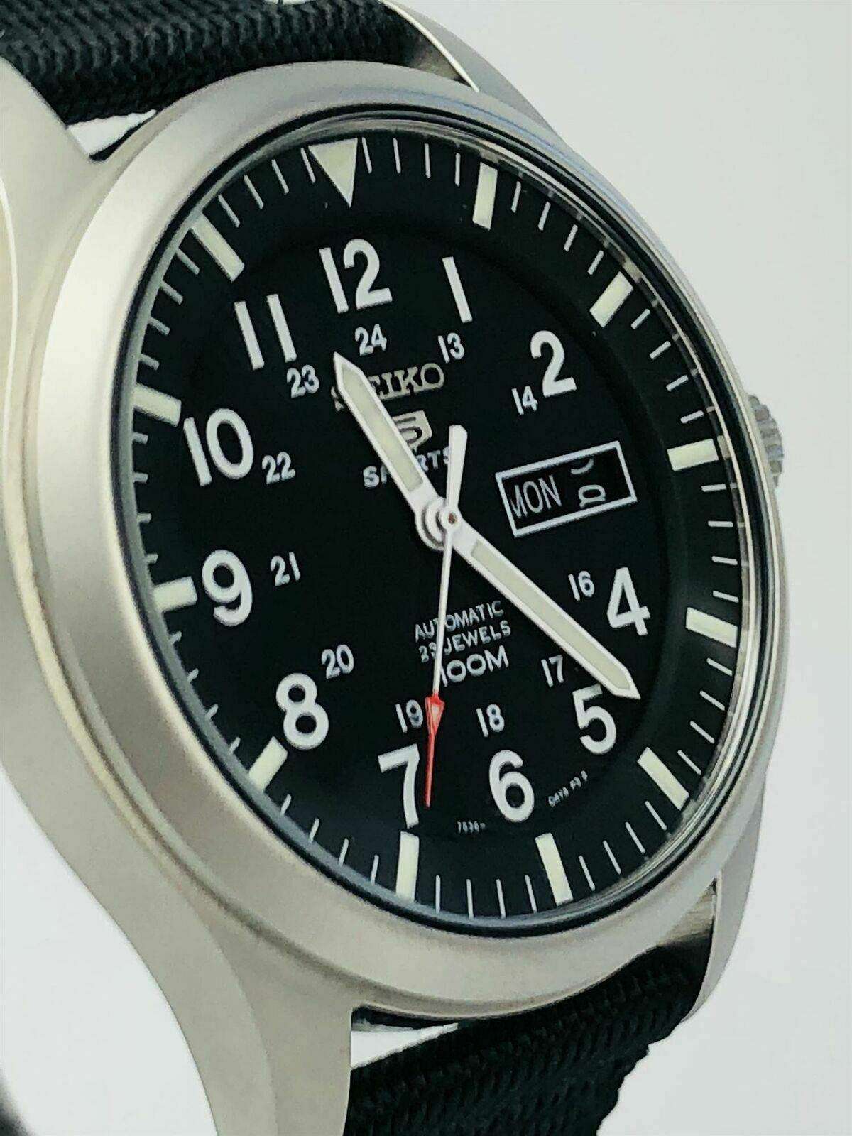 Seiko 5 Sports Military Automatic Black Dial NATO Canvas Strap Men's Watch SNZG15K1