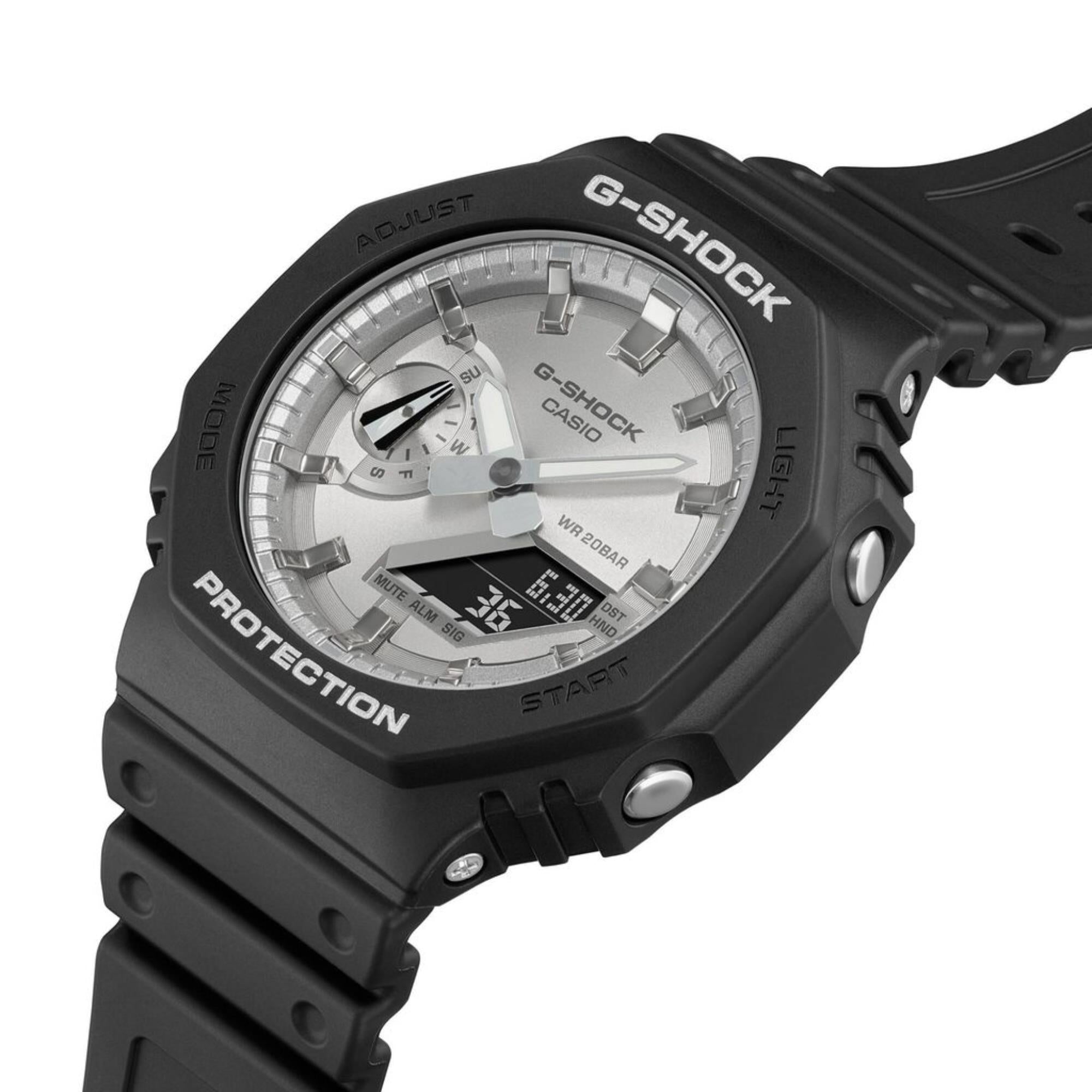 Casio G-Shock Octagon Series ‘CasiOak’ Quartz Silver Dial Black Silicone Strap Men’s Watch GA-2100SB-1AER