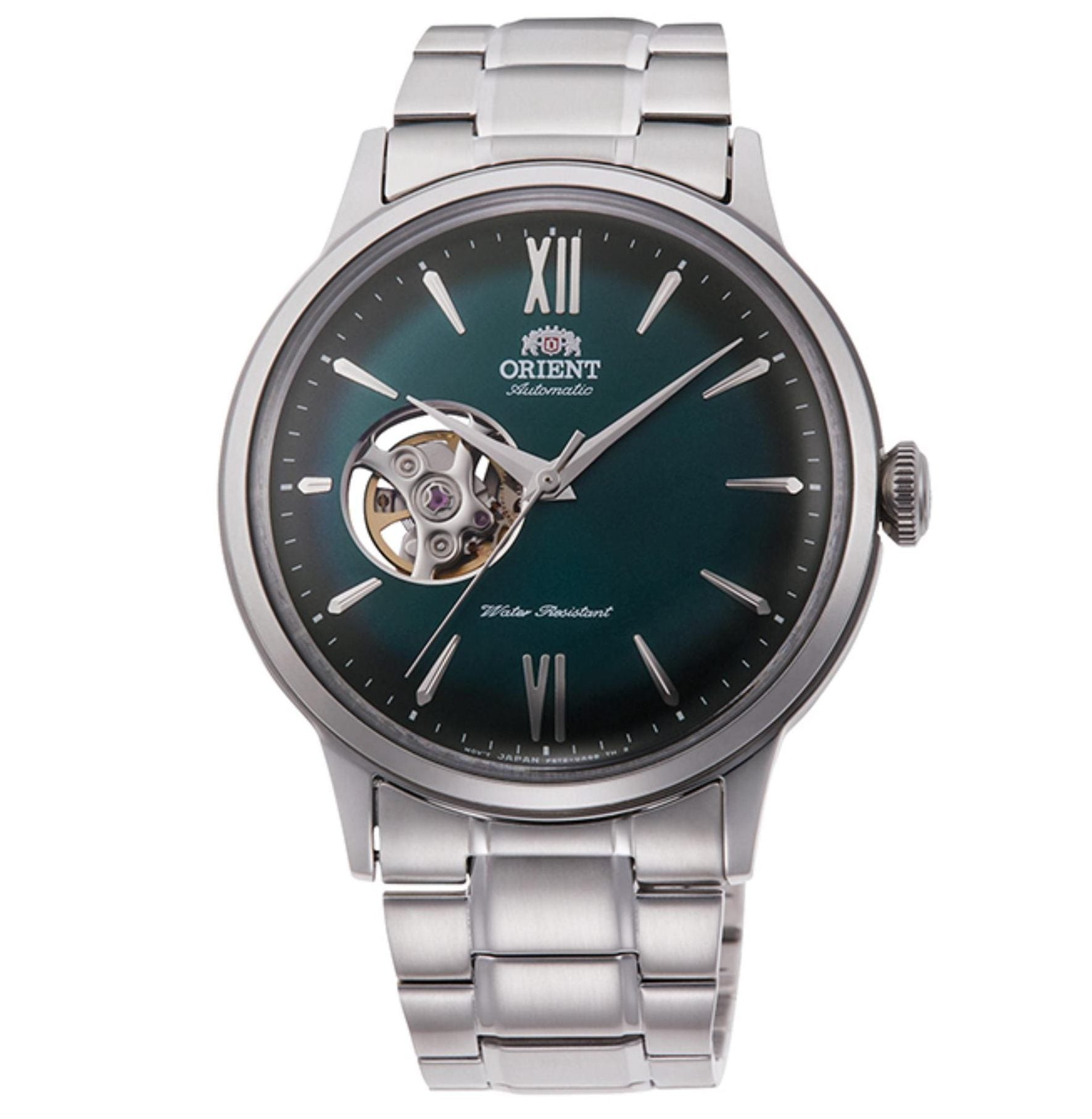 Orient Bambino 41mm Open Heart Green Dial Steel Mens Automatic Watch RA-AG0026E10B