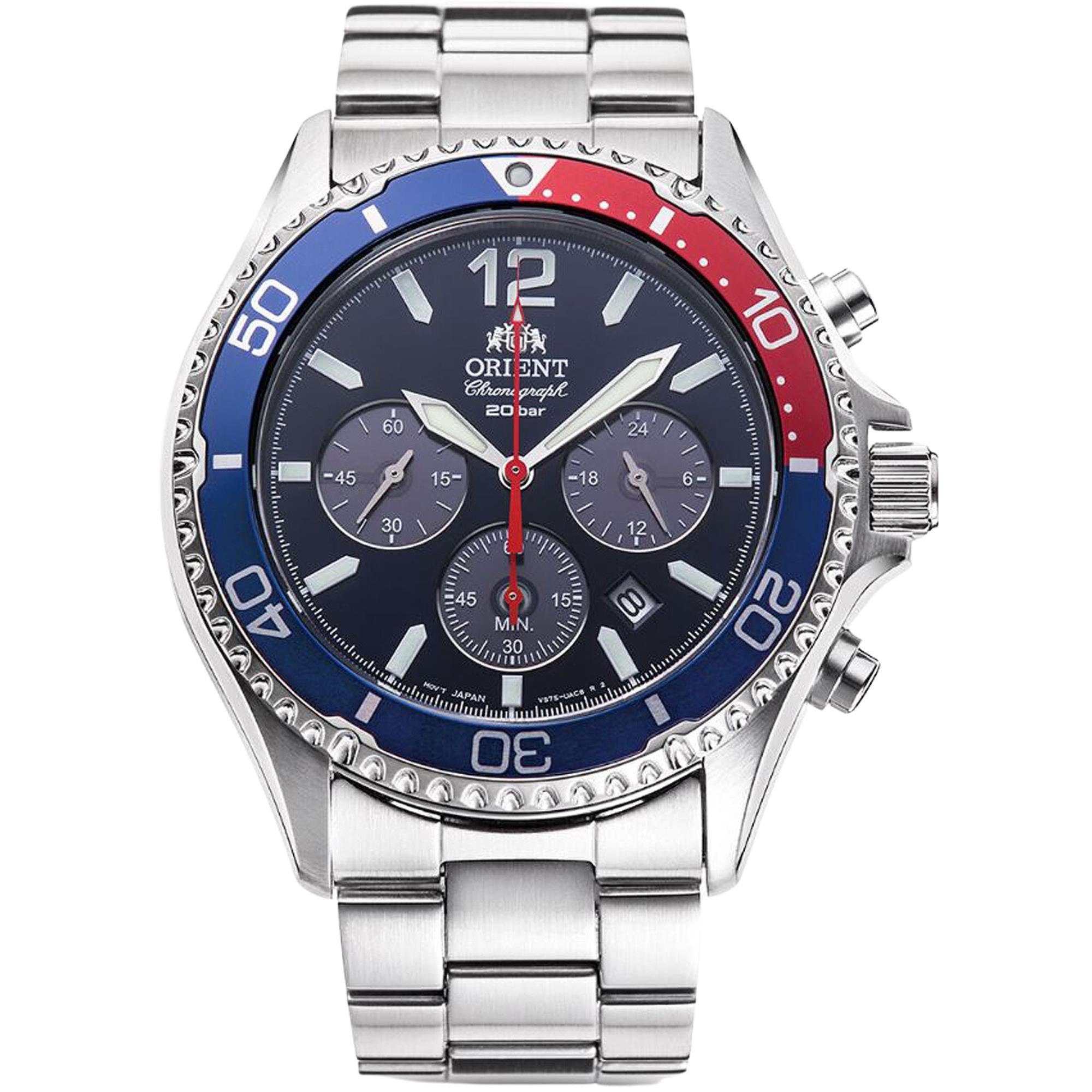 Orient Mako Solar Chronograph Quartz Blue Dial Steel Strap Men’s Dive Watch RA-TX0201L10B