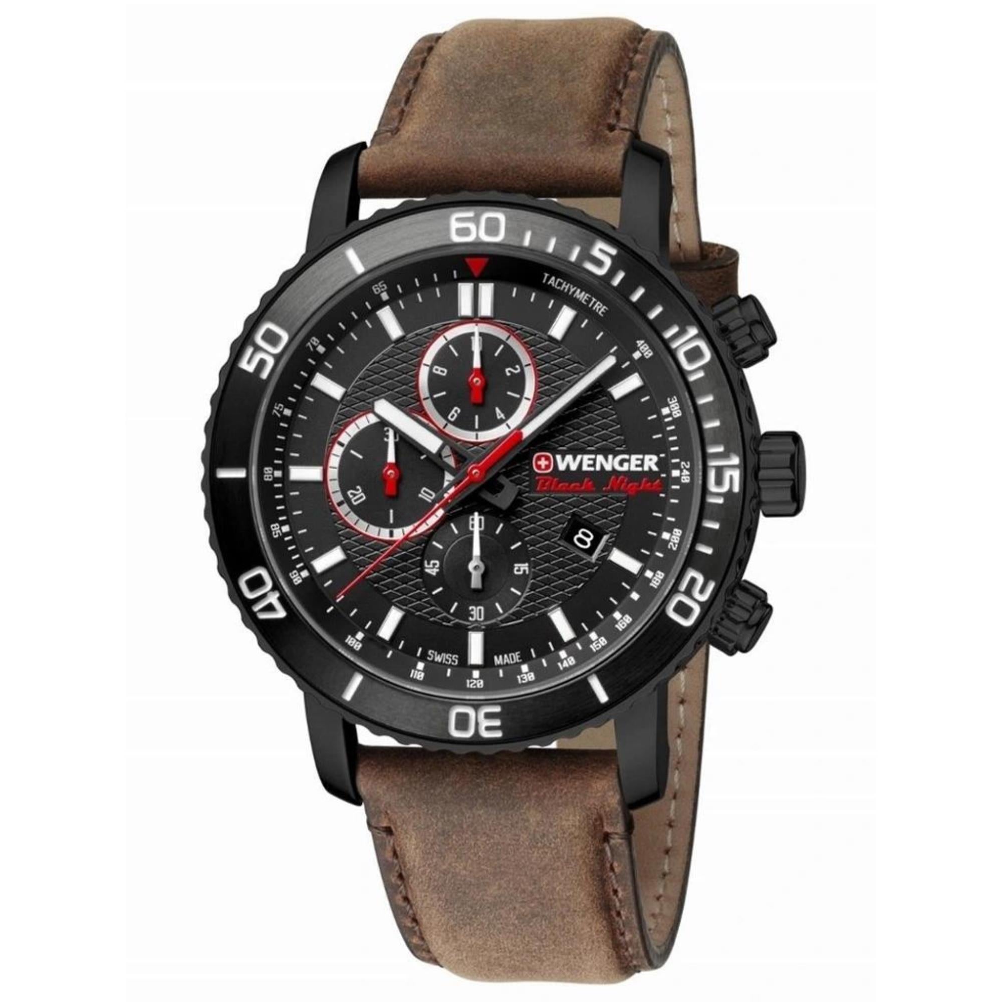 Wenger Roadster Black Night Quartz Black Dial Leather Strap Men's