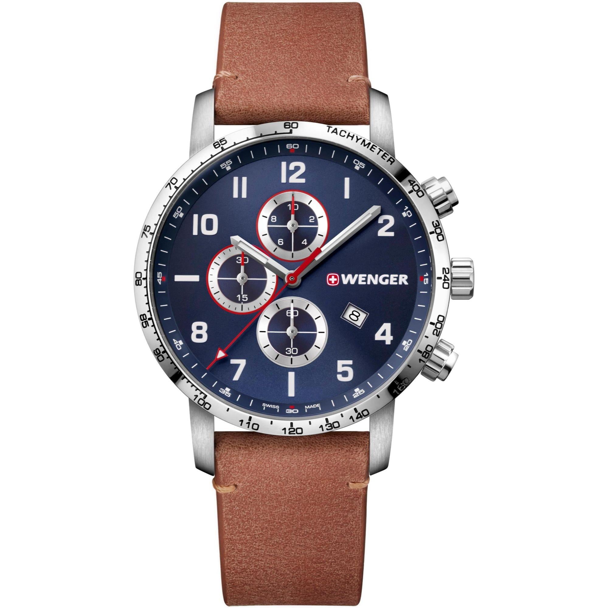 Wenger Attitude Chronograph Quartz Blue Dial Brown Leather Strap Men's Watch 01.1543.108