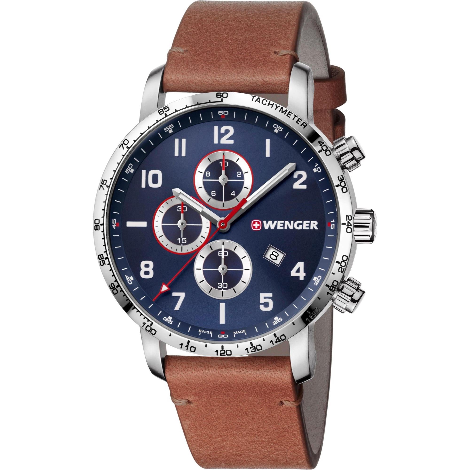 Wenger Attitude Chronograph Quartz Blue Dial Brown Leather Strap Men's Watch 01.1543.108