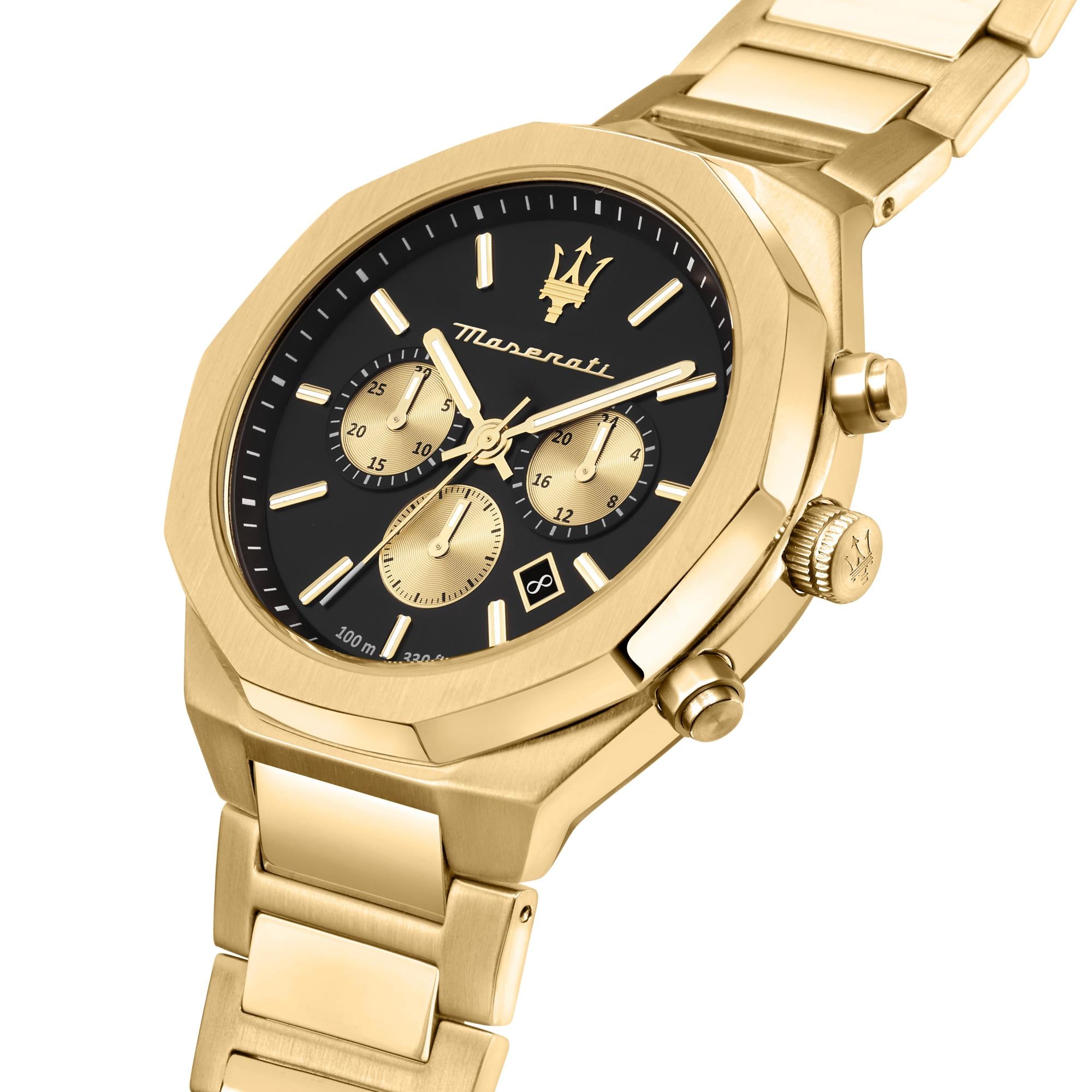 Maserati Stile Quartz Black Chronograph Dial Gold PVD Steel Bracelet Men's Watch R8873642001