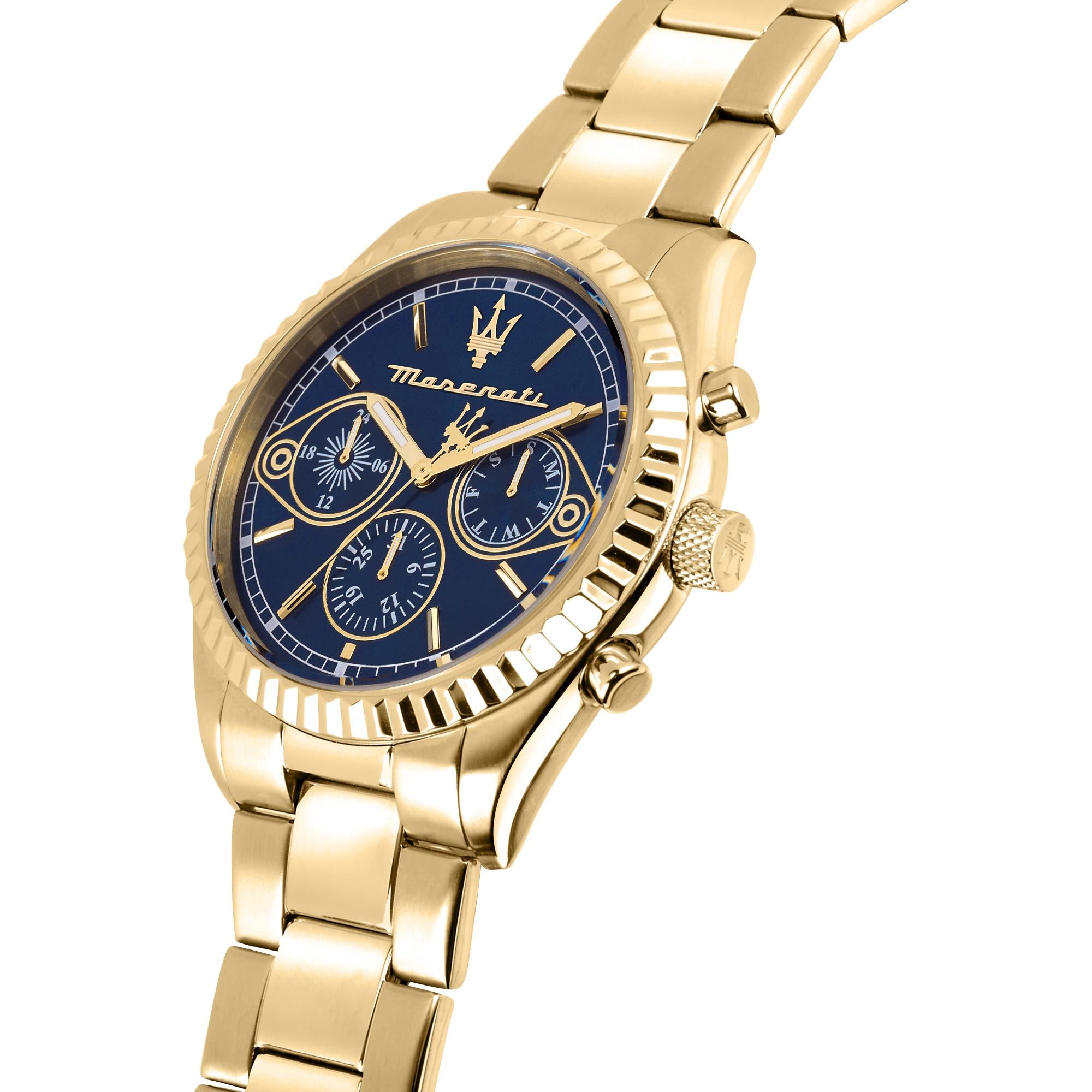 Maserati Competizione Quartz Blue Chronograph Dial Gold PVD Steel Bracelet Men's Watch R8853100026