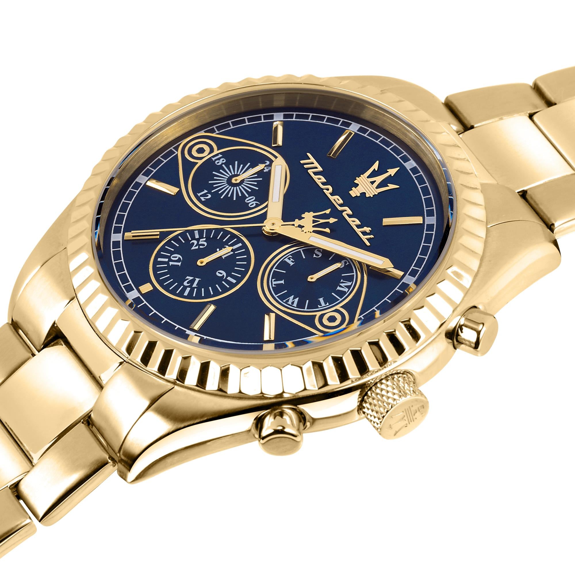 Maserati Competizione Quartz Blue Chronograph Dial Gold PVD Steel Bracelet Men's Watch R8853100026