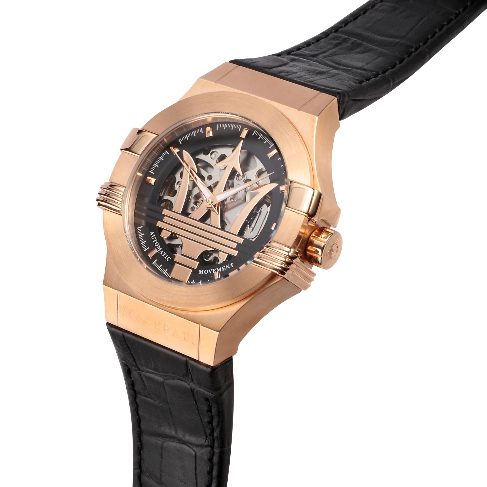 Maserati Potenza Quartz Skeleton Dial Black Leather Strap Men's Watch R8821108039