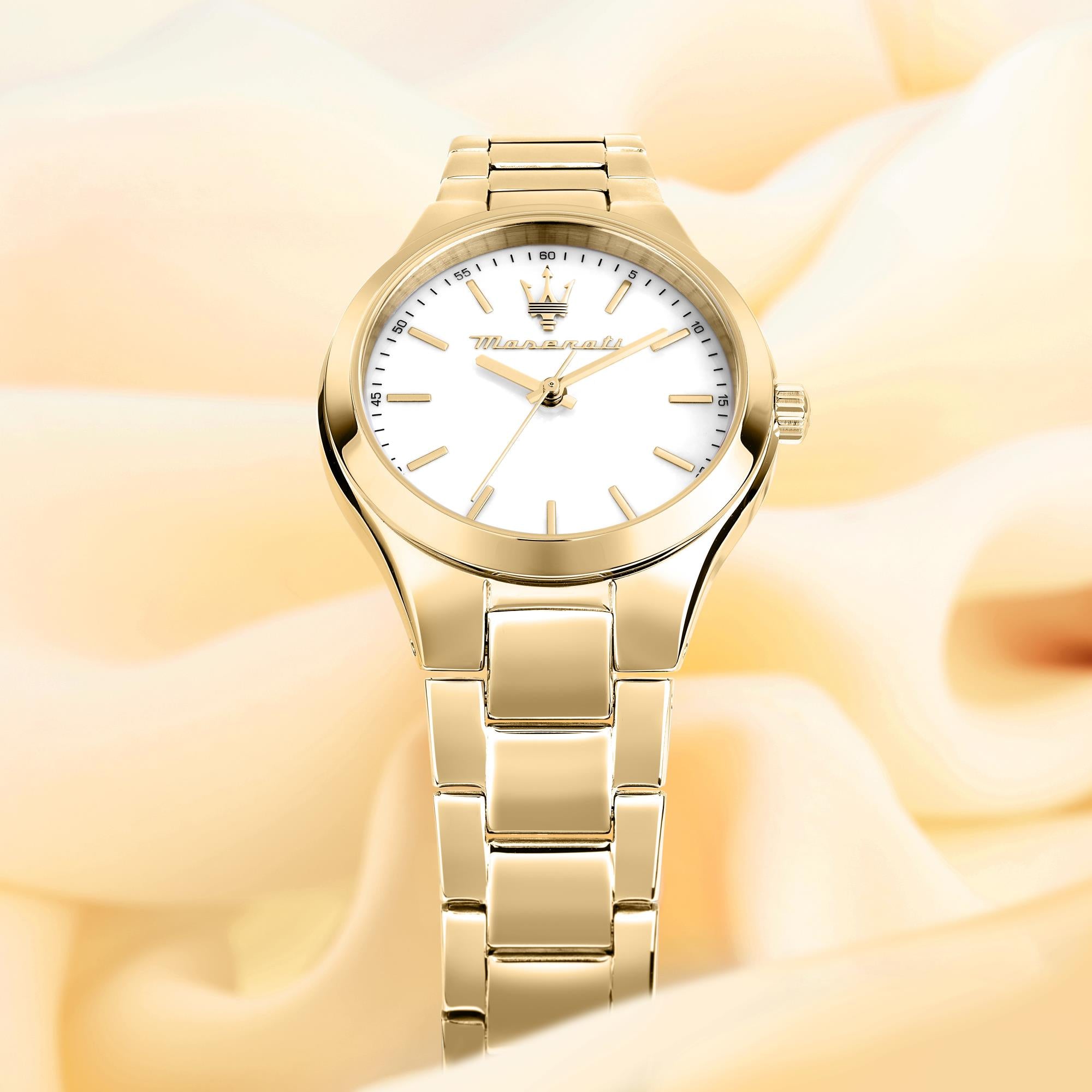 Maserati Attrazione Quartz White Dial Gold PVD Stainless Steel Bracelet Ladies Watch R8853151501
