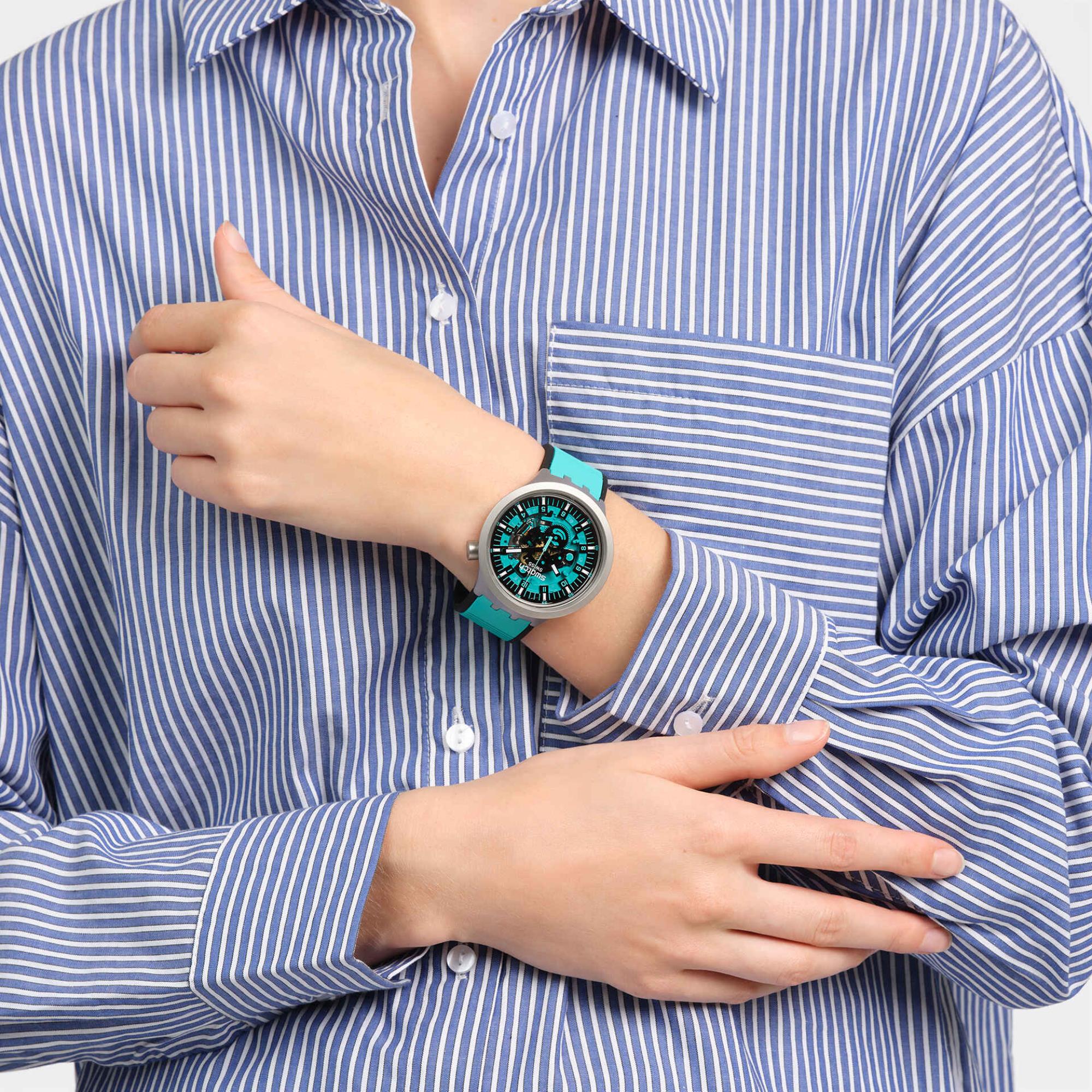 Swatch Big Bold Irony Mint Trim Quartz Turquoise Dial Turquoise Rubber Strap Unisex Watch SB07S111
