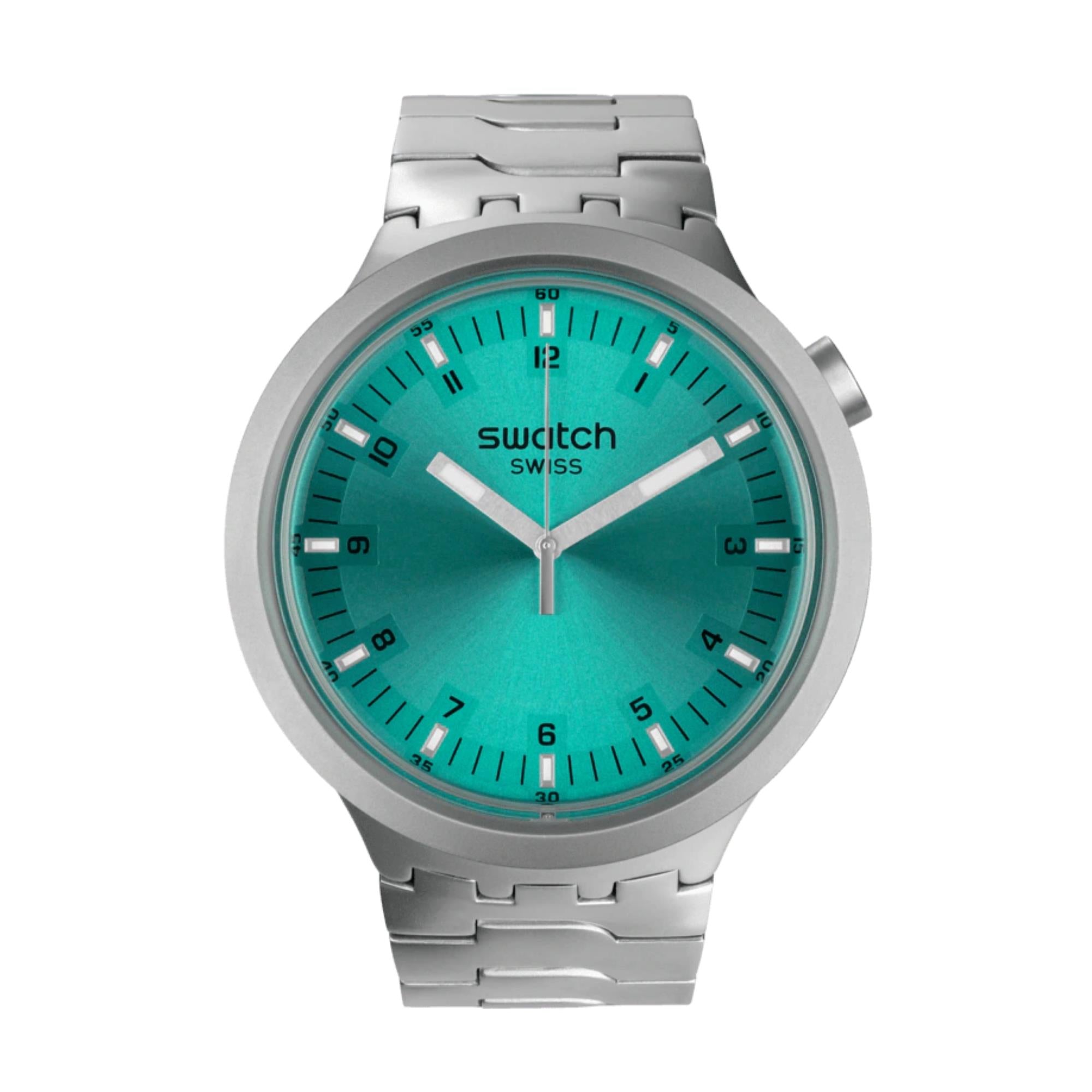 Swatch Big Bold Aqua Shimmer Face Quartz Blue Dial Stainless Steel Bracelet Unisex Watch SB07S100G