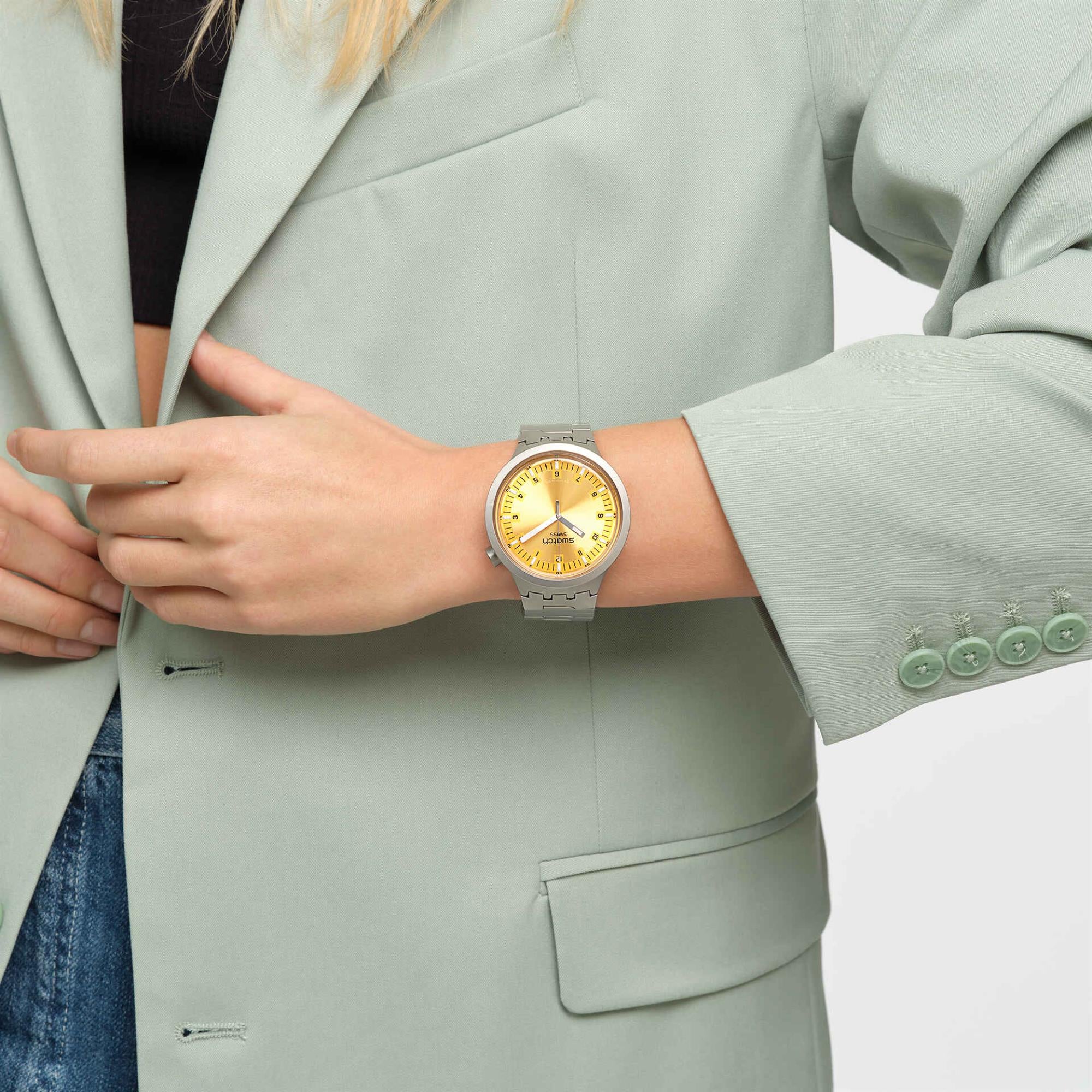 Swatch Big Bold Amber Sheen Quartz Orange Dial Stainless Steel Bracelet Unisex Watch SB07S103G