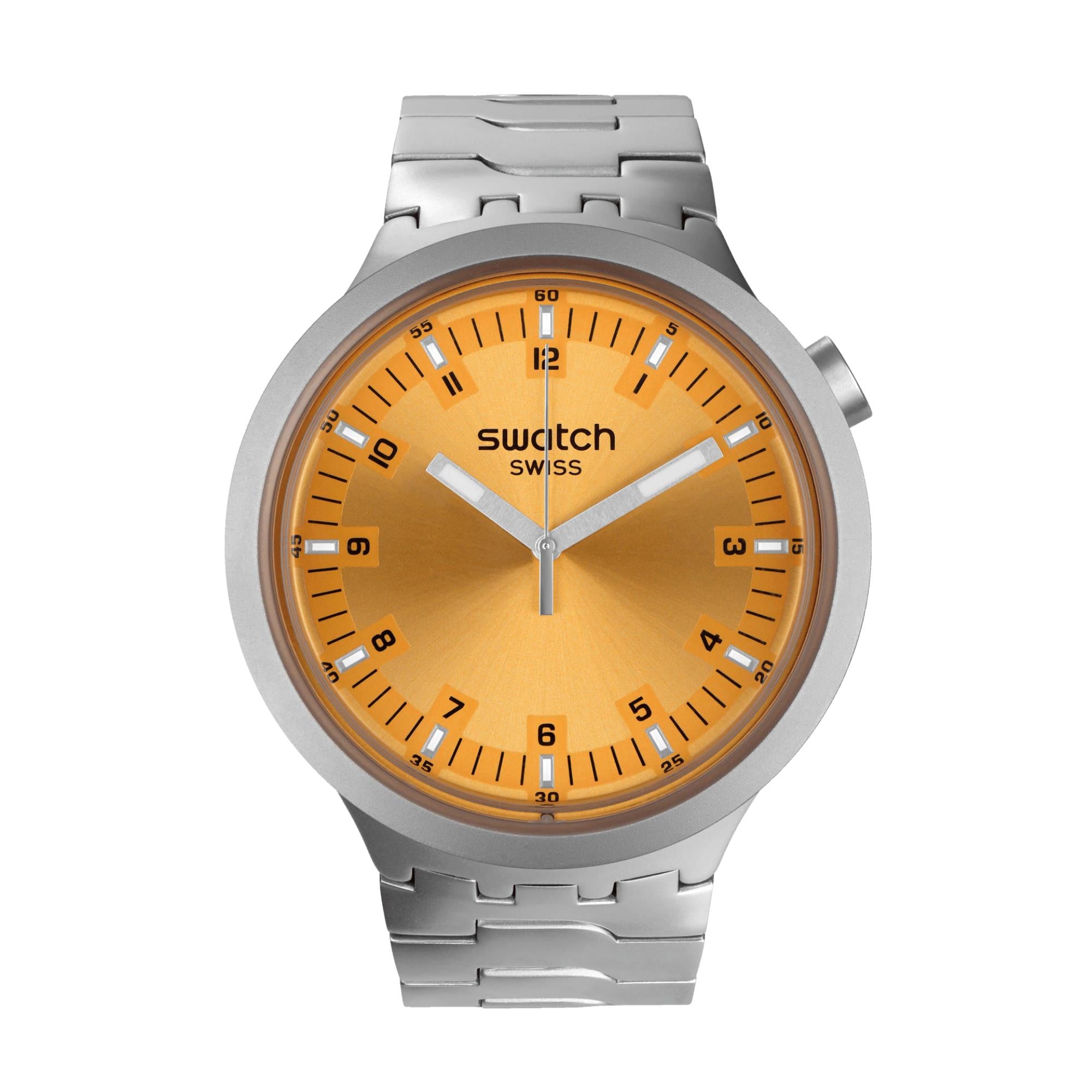 Swatch Big Bold Amber Sheen Quartz Orange Dial Stainless Steel Bracelet Unisex Watch SB07S103G