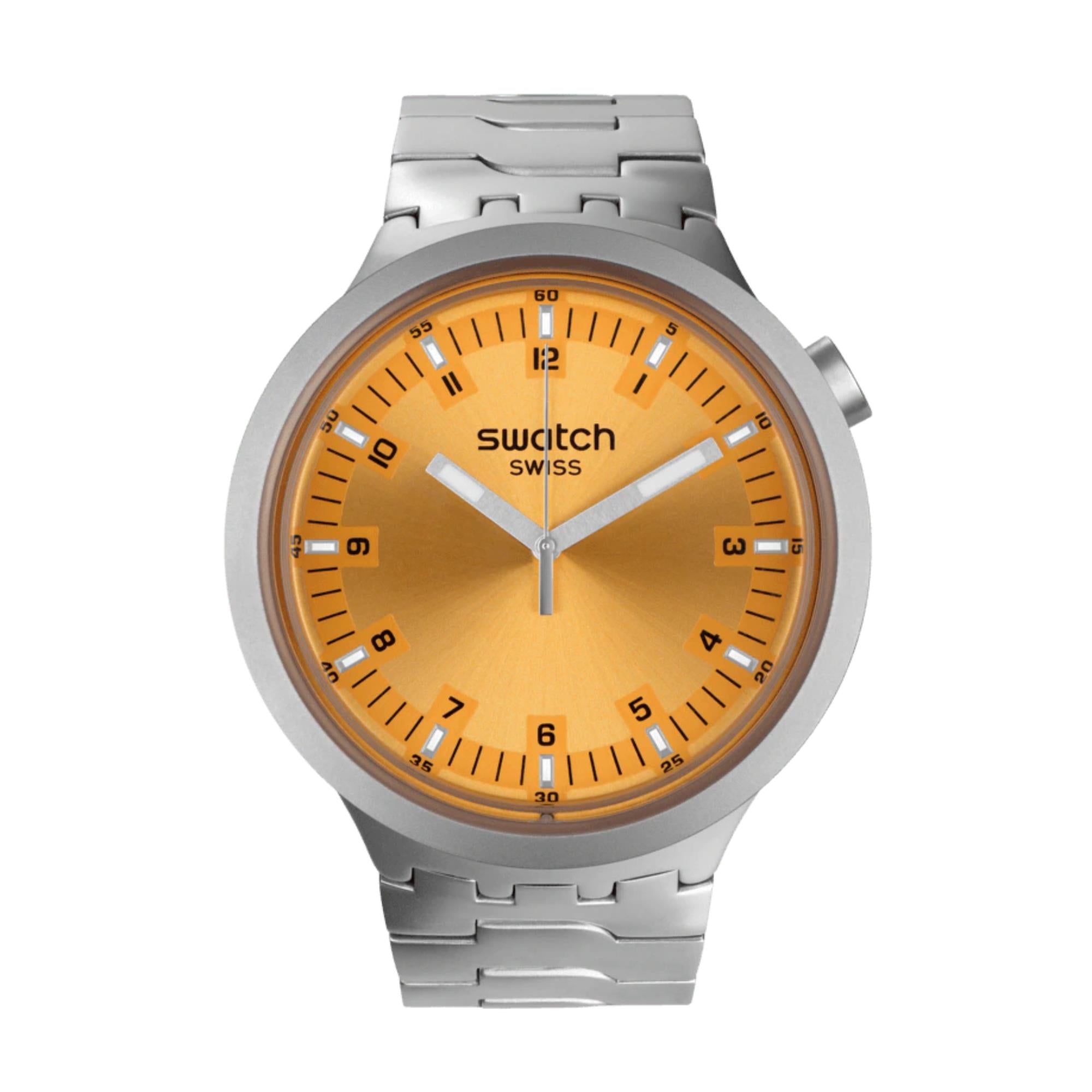 Swatch Big Bold Amber Sheen Quartz Orange Dial Stainless Steel Bracelet Unisex Watch SB07S103G
