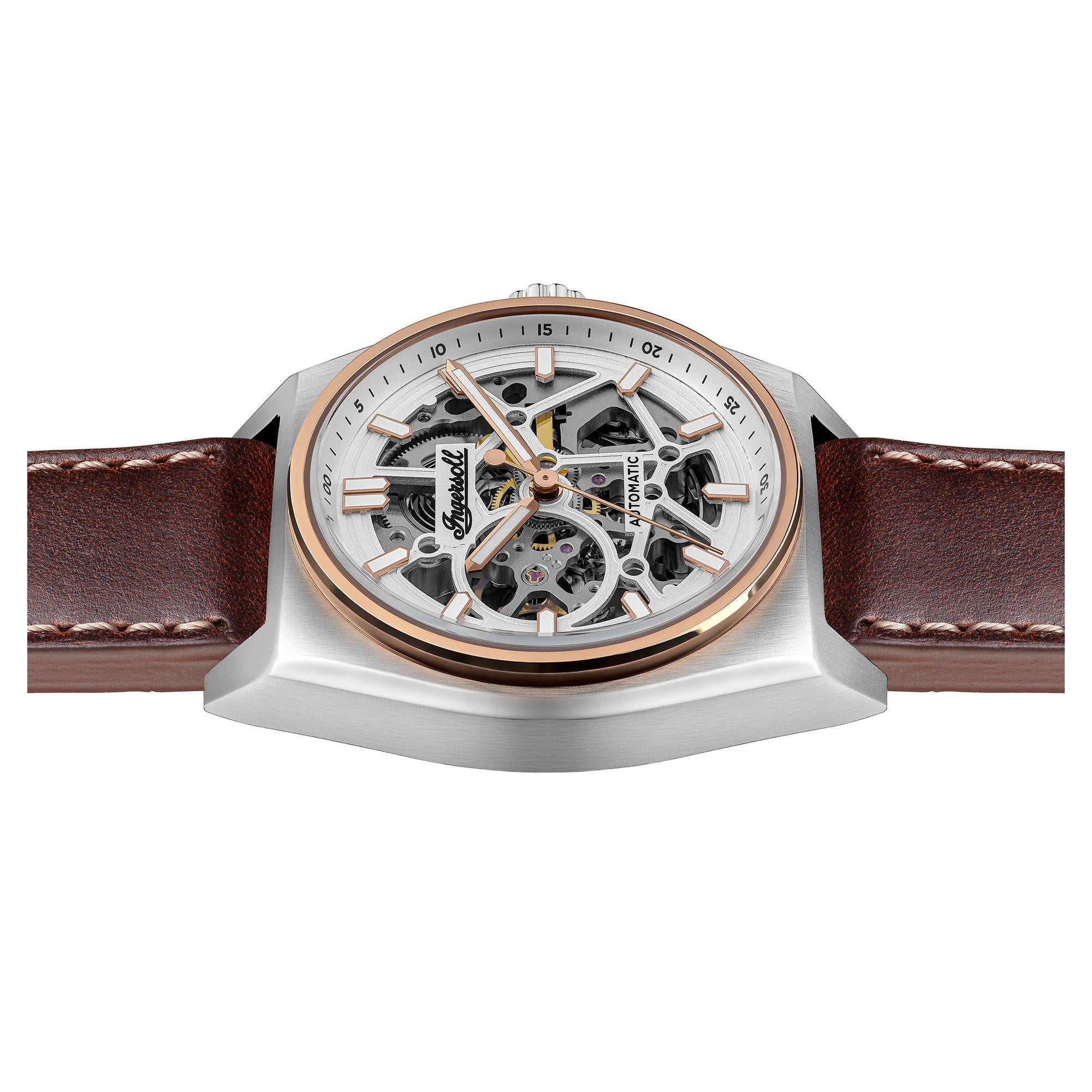 Ingersoll The Vert Automatic Silver Skeleton Dial Brown Leather Strap Men's Watch I14302