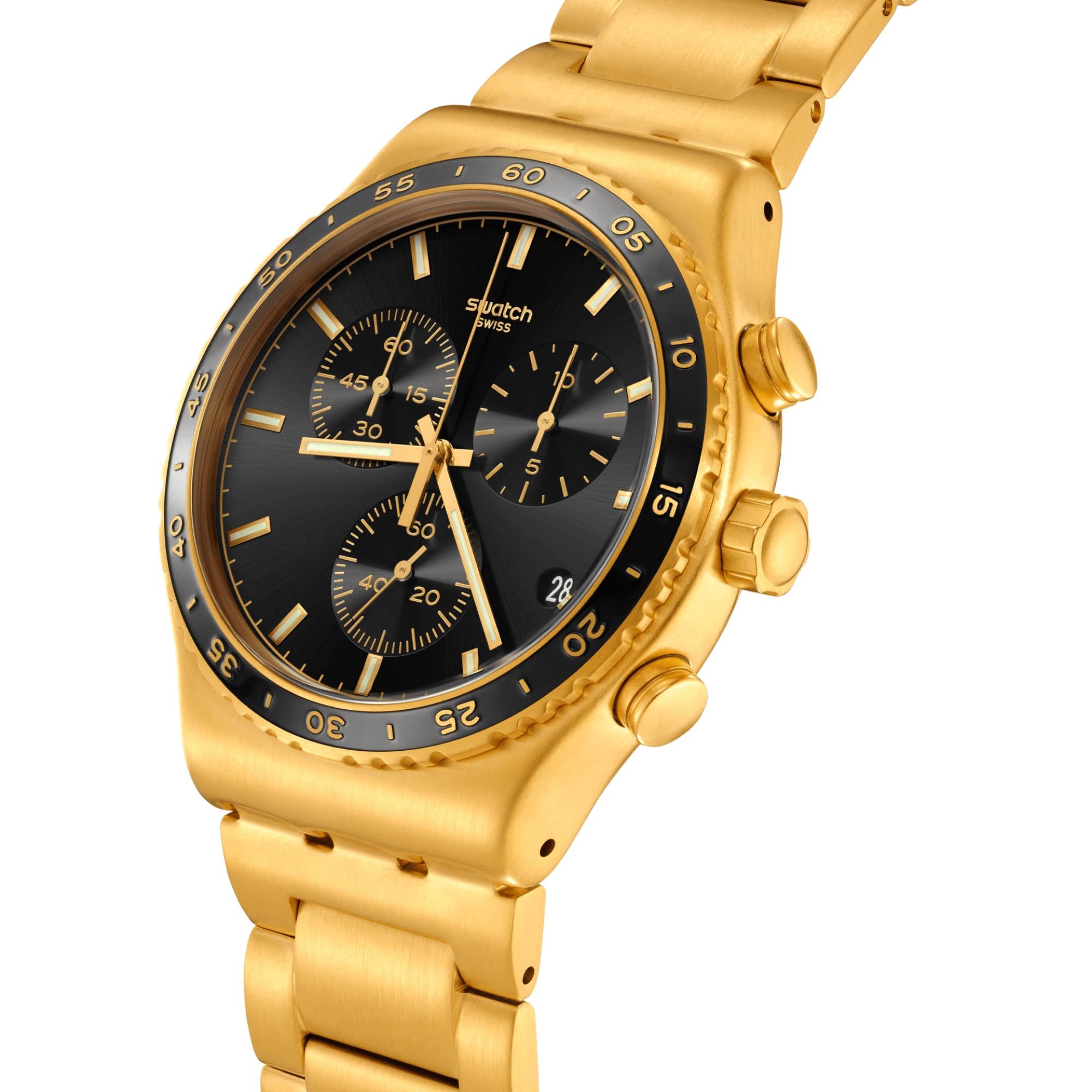 Swatch Holiday Collection In The Black Quartz Black Dial Gold PVD Stainless Steel Bracelet Unisex Watch YVG418G