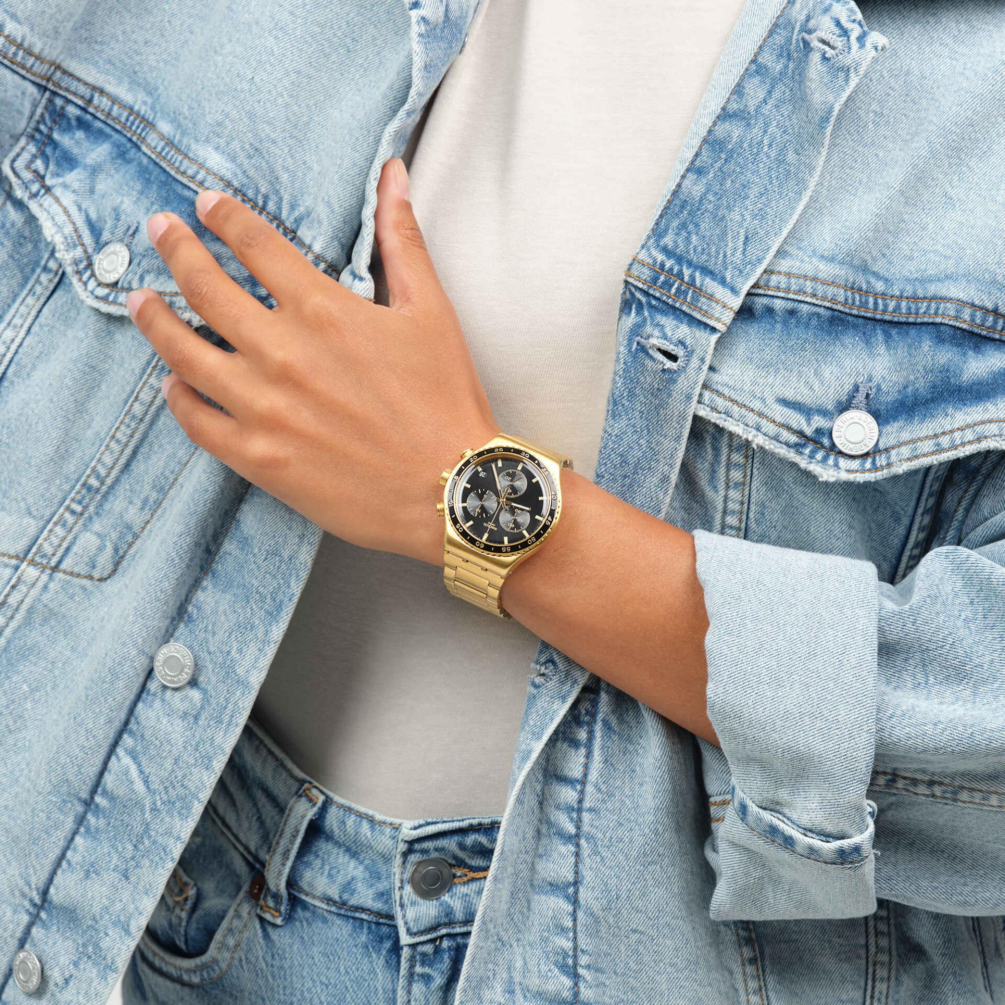 Swatch Holiday Collection In The Black Quartz Black Dial Gold PVD Stainless Steel Bracelet Unisex Watch YVG418G