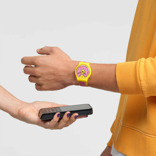 Swatch The Simpsons Collection Seconds Of Sweetness Pay! Quartz Yellow Dial Yellow Silicone Strap Unisex Watch SO29Z134-5300