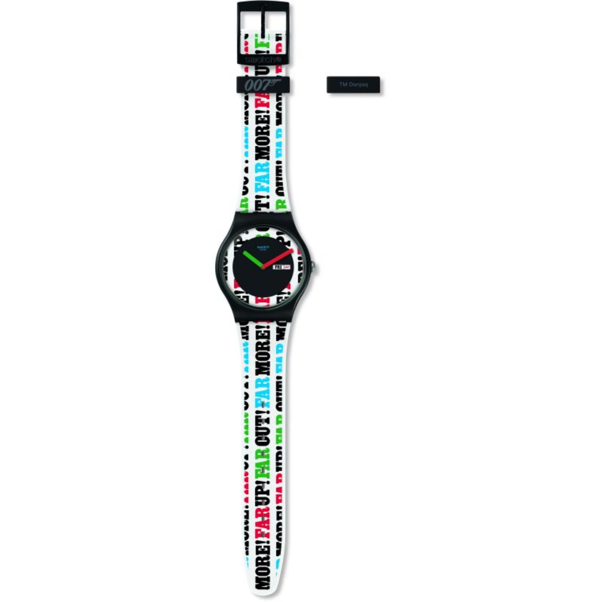 Swatch James Bond On her Majesty's Secret Service 1969 Limited Special Edition White &; Black Dial Multi Colour Text Strap Watch SUOZ715